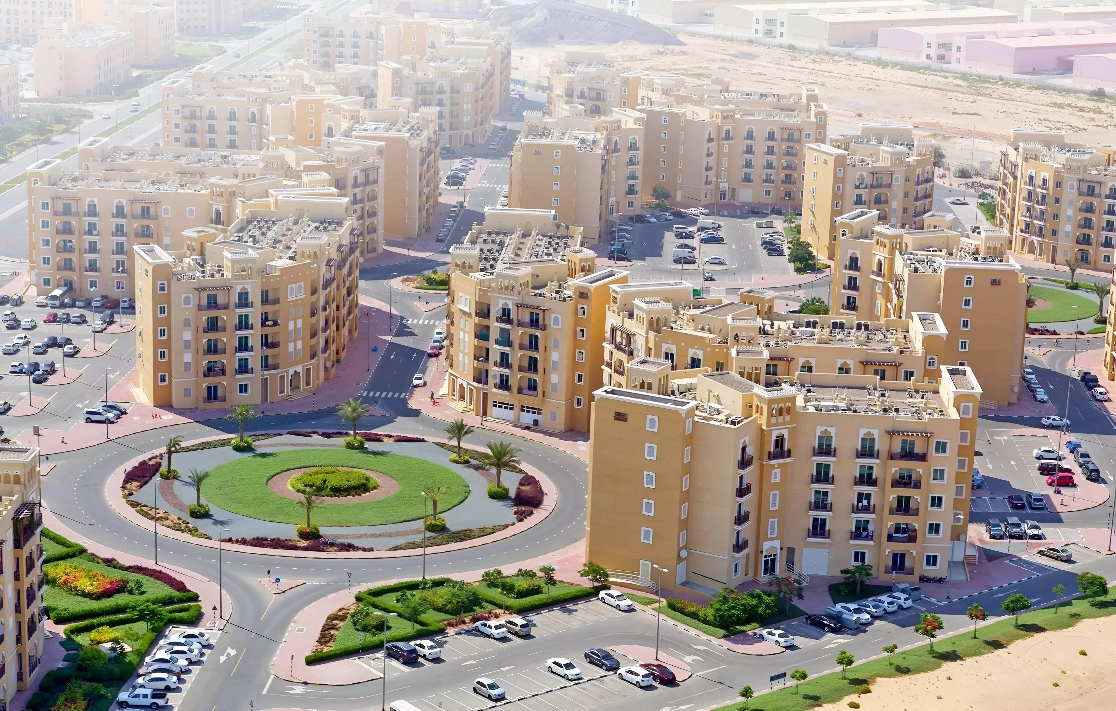 Facade and entrance view of Elevia Residences, International City Phase 2, Dubai