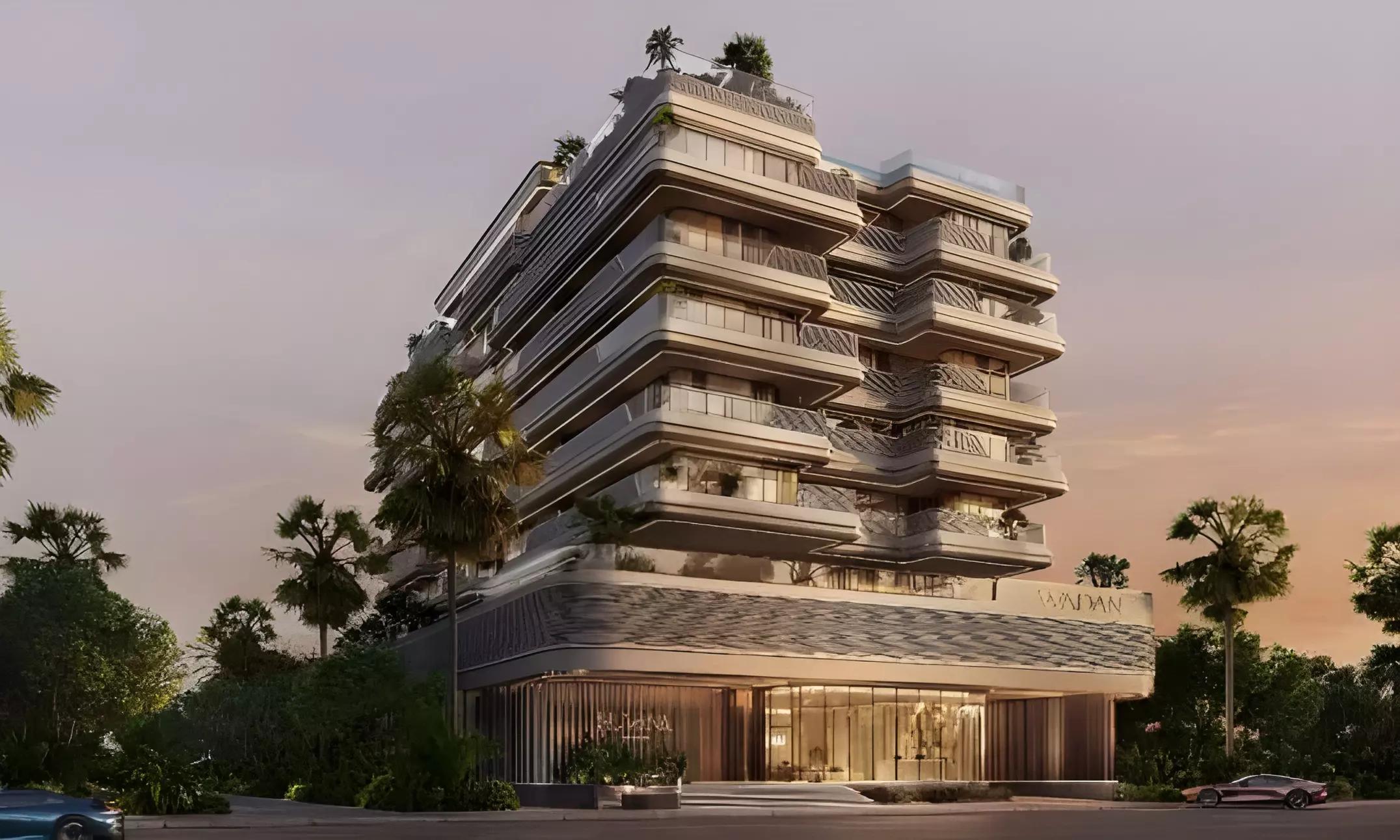 Weston apartment building exterior render, Dubai Land, Dubai