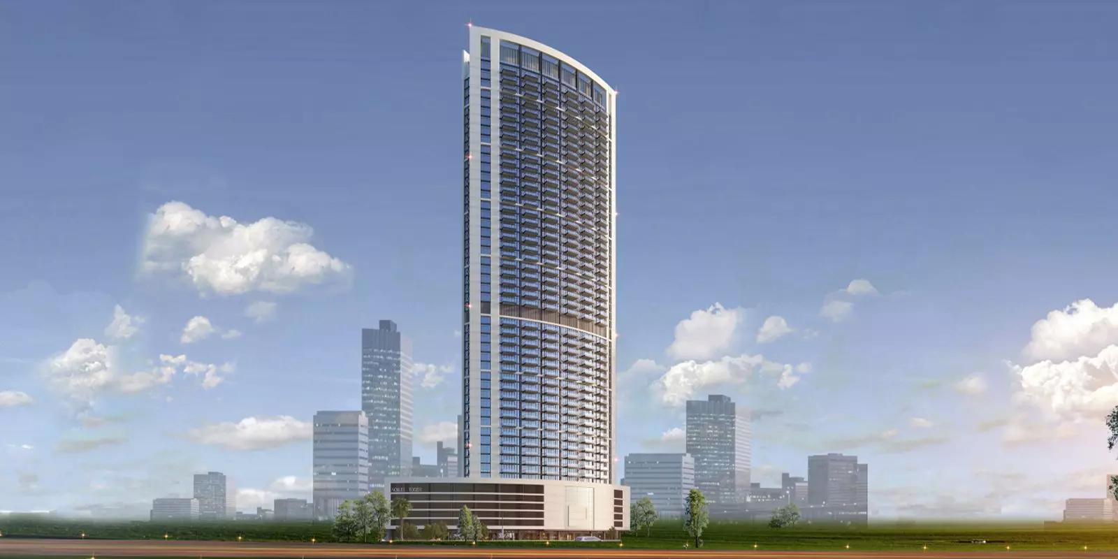 Nobles Tower living room interior with city view, Business Bay