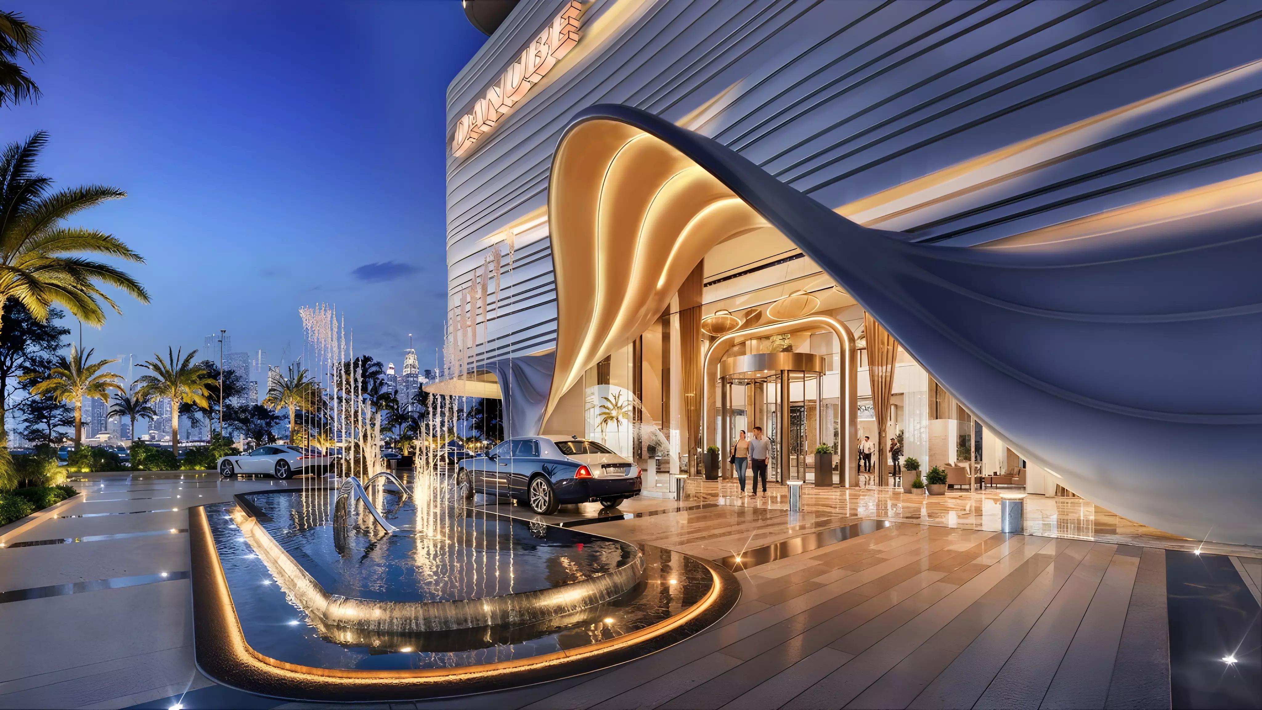 Breez by Danube building elevation against Dubai Maritime City skyline