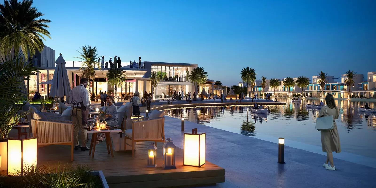 Aerial view of Santorini cluster and lagoon waterways, DAMAC Lagoons, Dubai