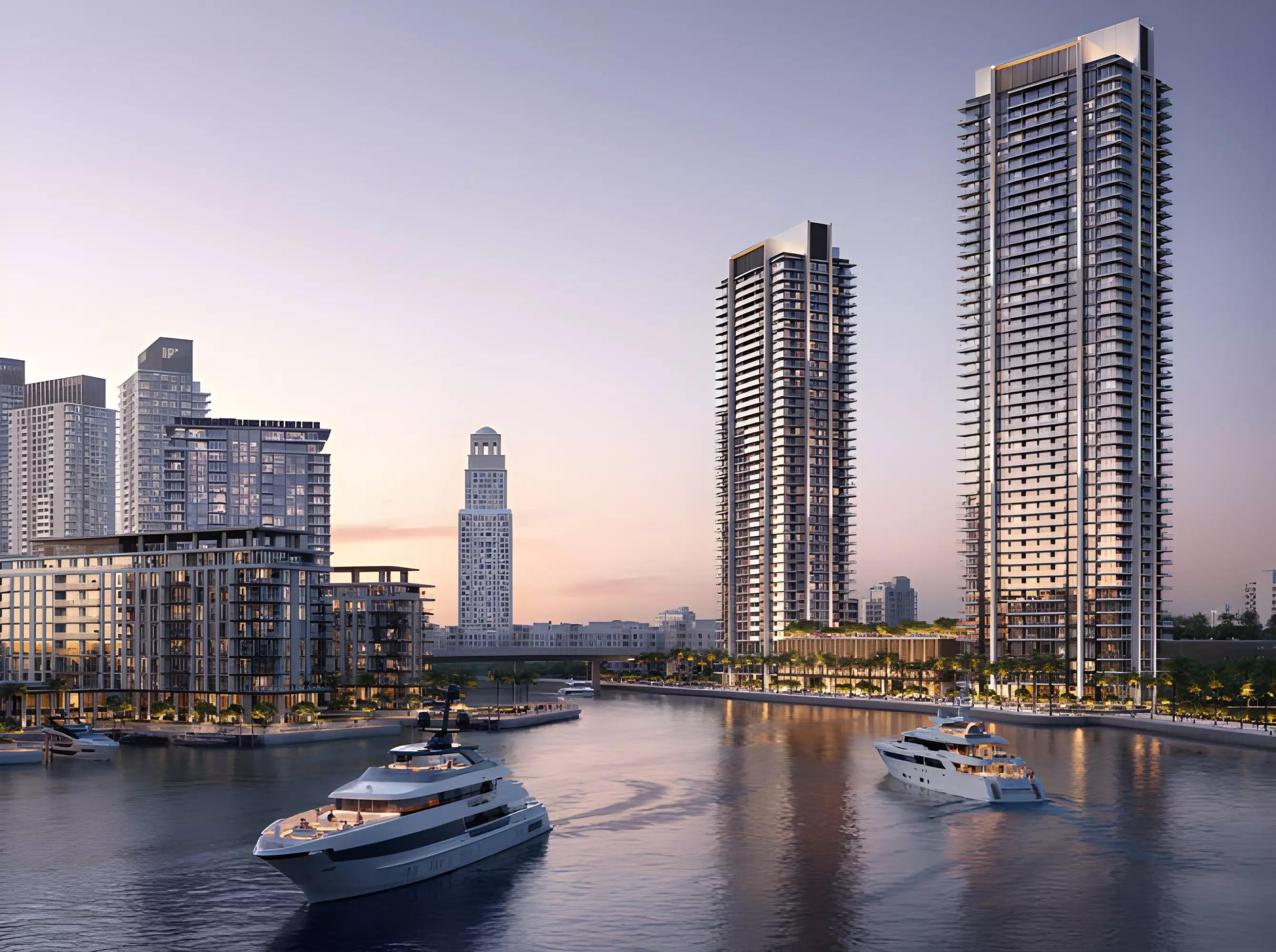 Creek Bay development night view, Dubai Creek Harbour