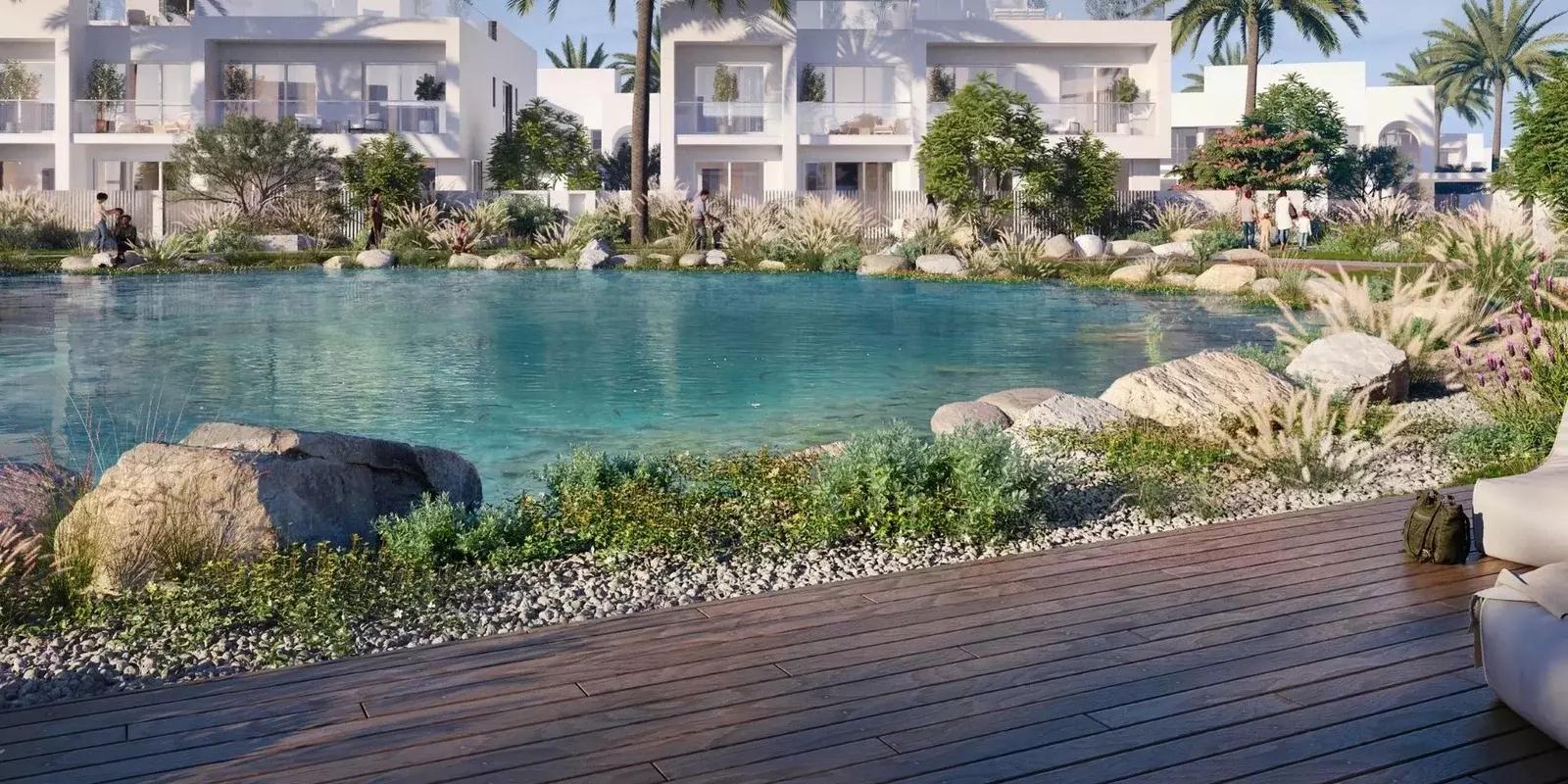 Alana community landscaped garden walkway, The Valley, Dubai