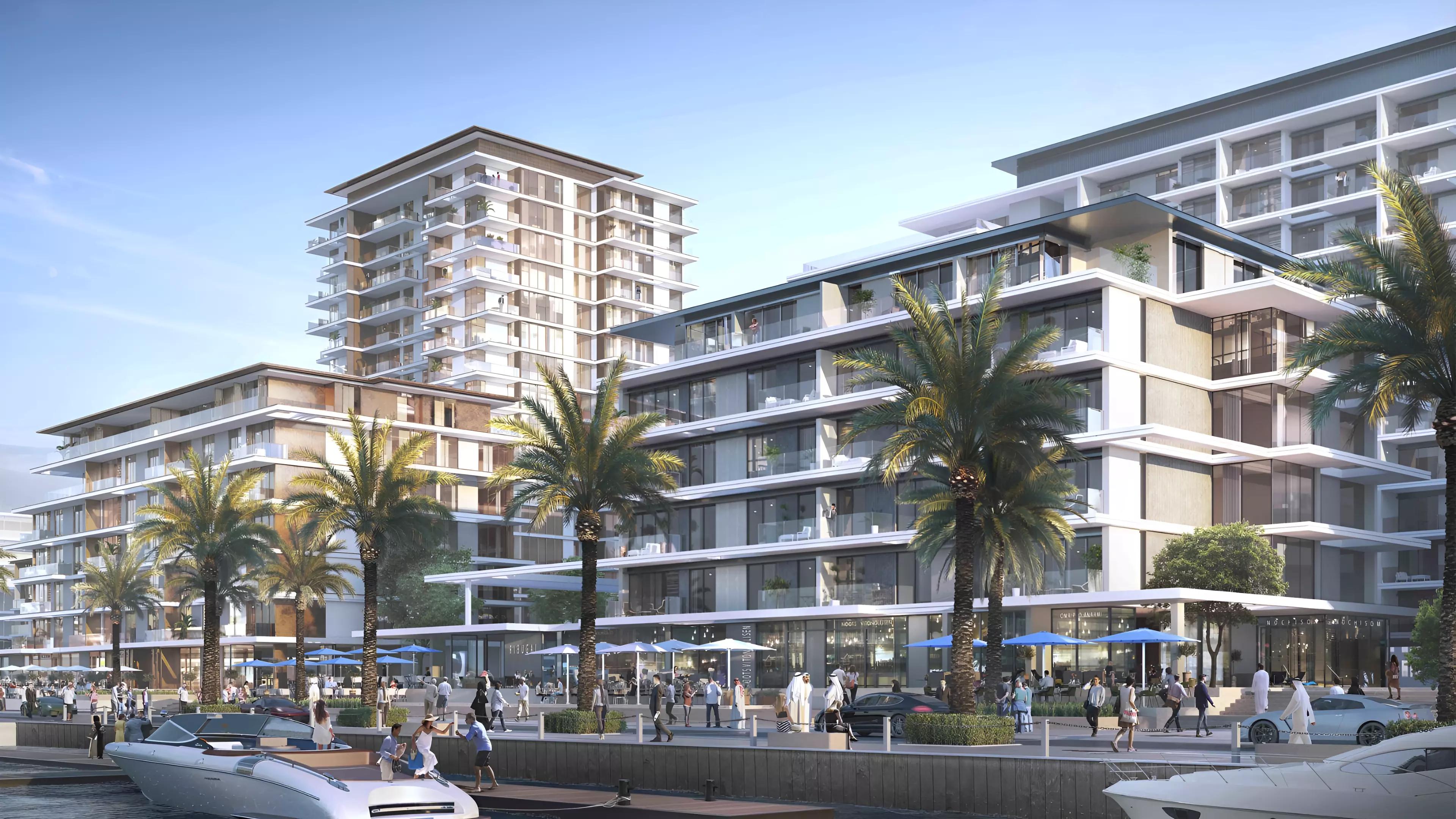 Marina Views residential facade and waterfront setting at Mina Rashid, Dubai