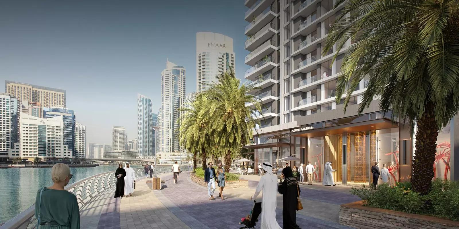 Marina Shores balcony view of Dubai Marina towers and water