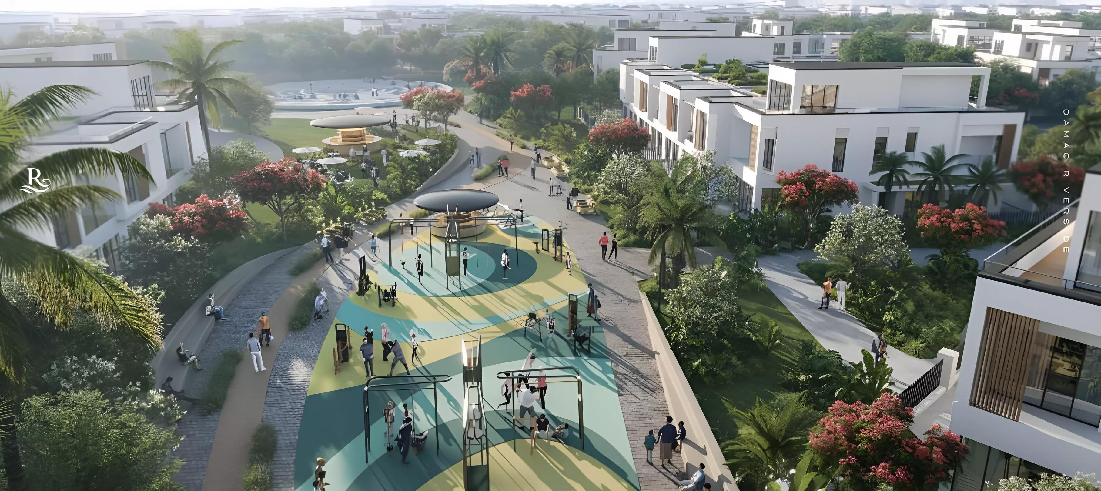 Damac Riverside outdoor living space overlooking water, Dubai Investment Park