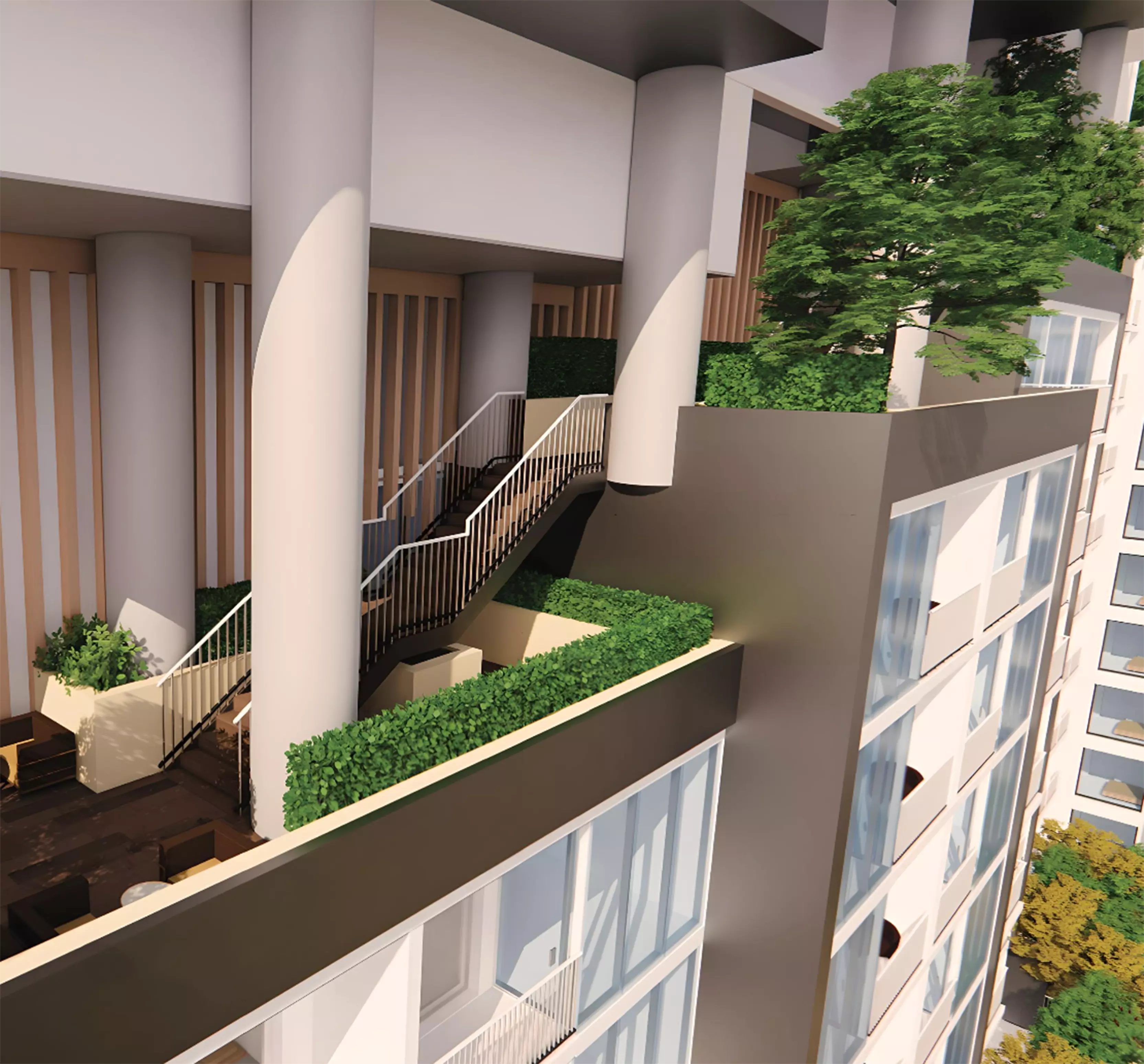 Landscaped gardens and outdoor seating at The Crest, Sobha Hartland