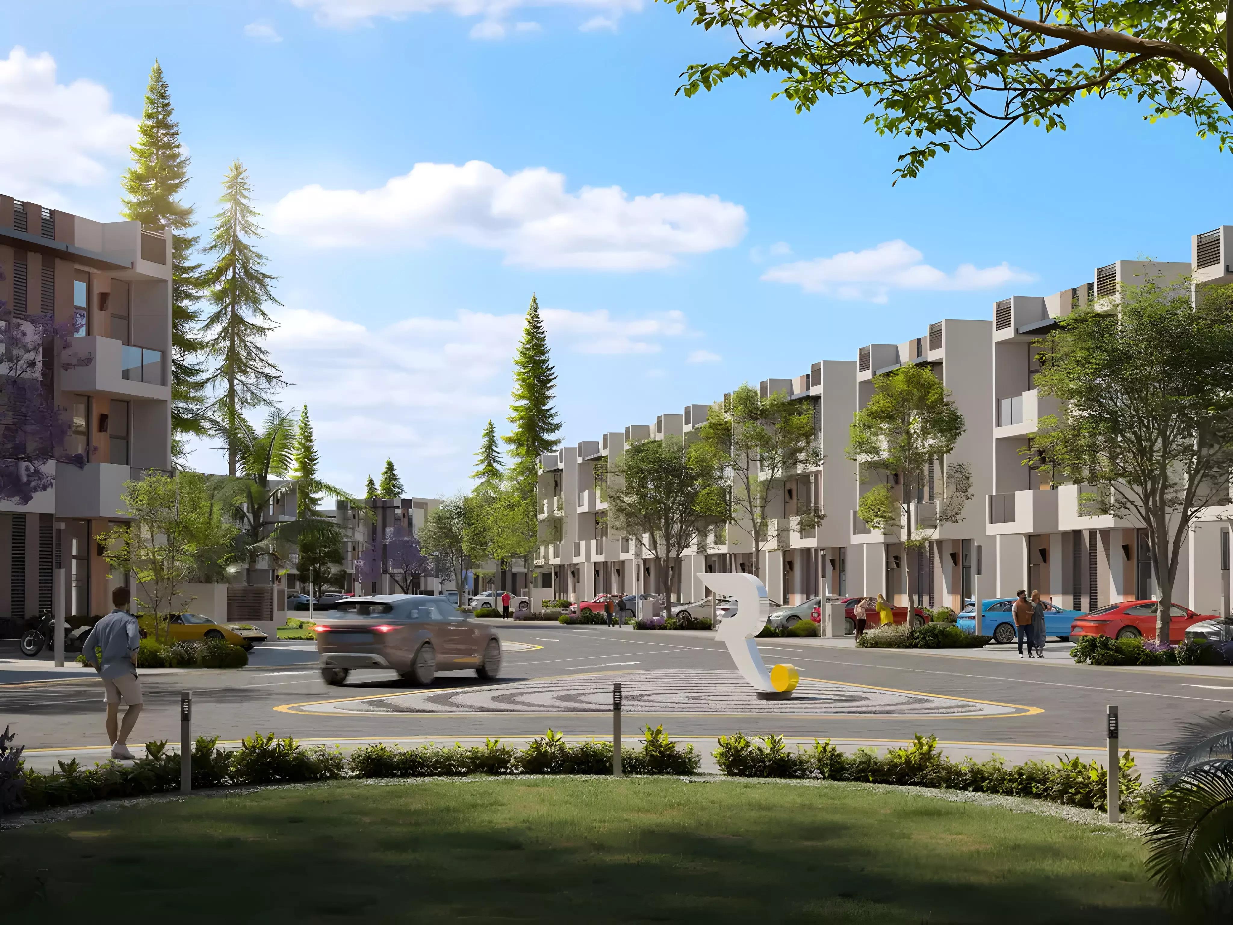 Landscaped gardens between townhouses at R. Hills, Reportage Hills, Dubai
