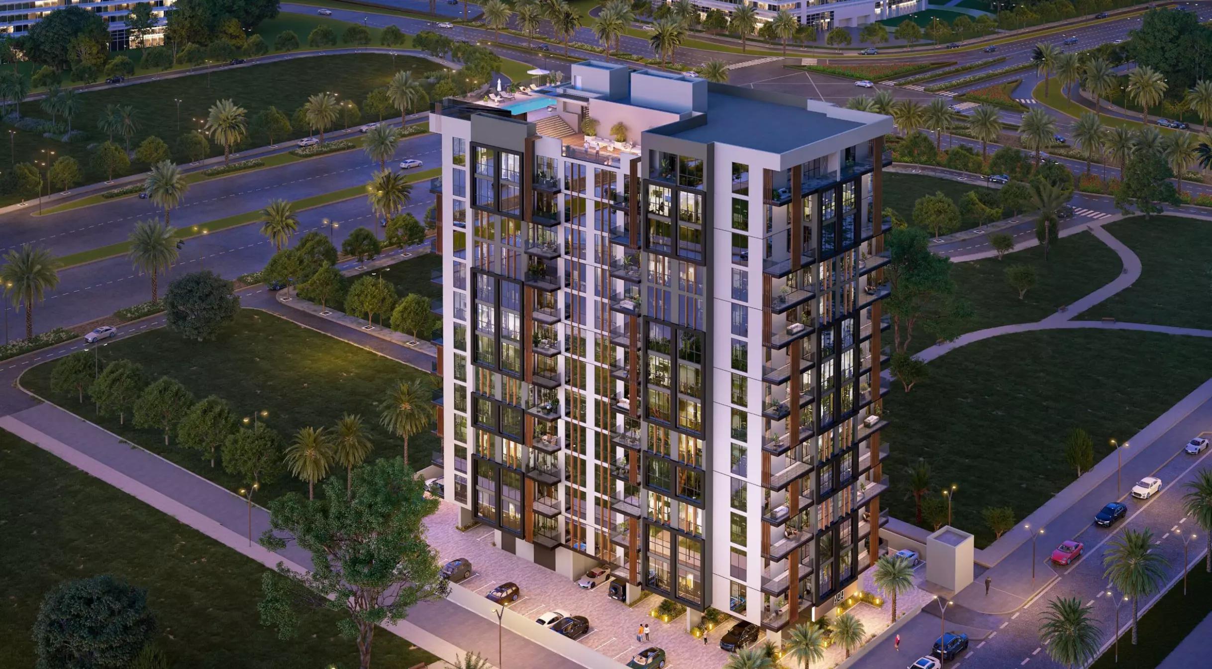 A99 amenity deck with pool area, Dubai Land Residence Complex