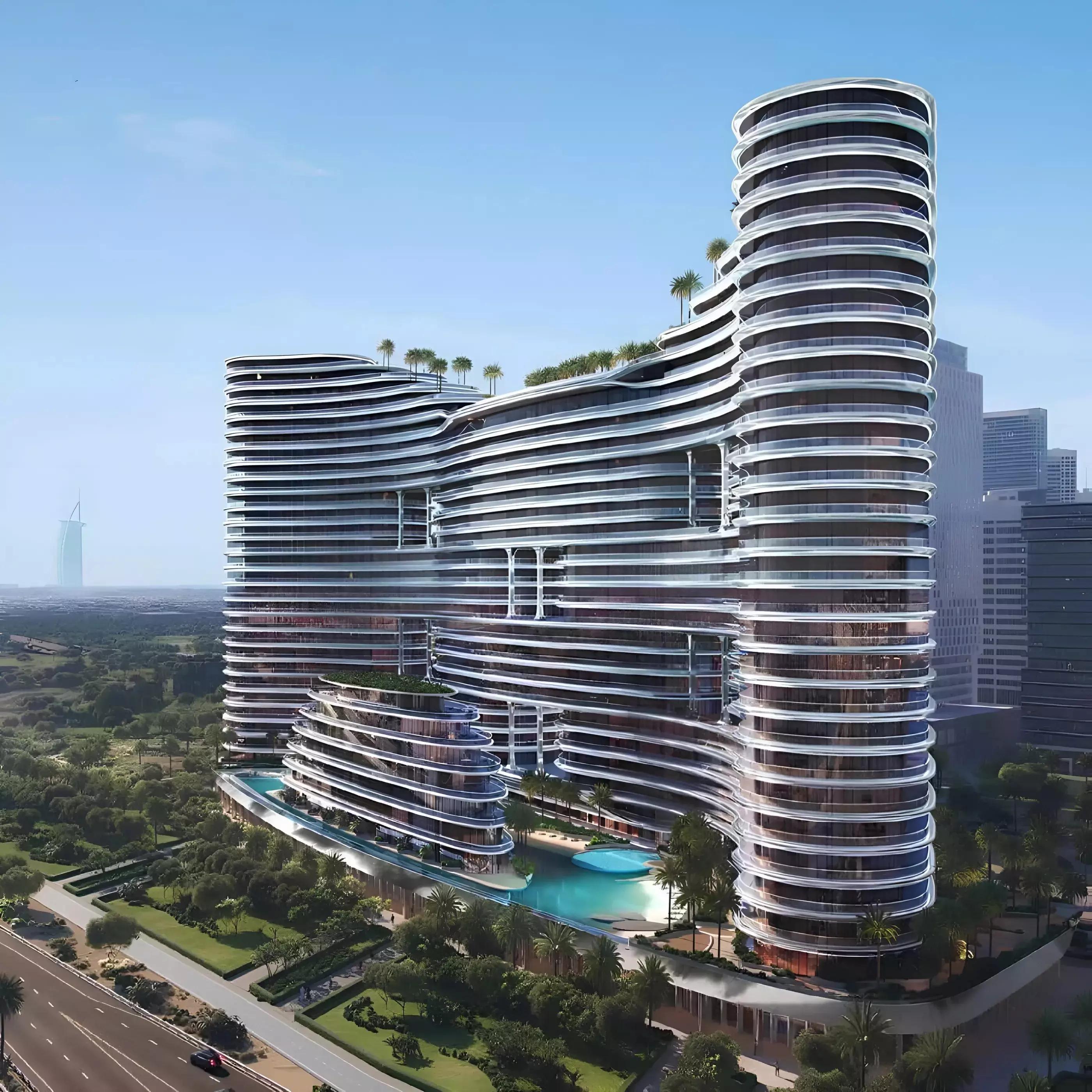 Binghatti Aquarise residential tower street-level view, Business Bay