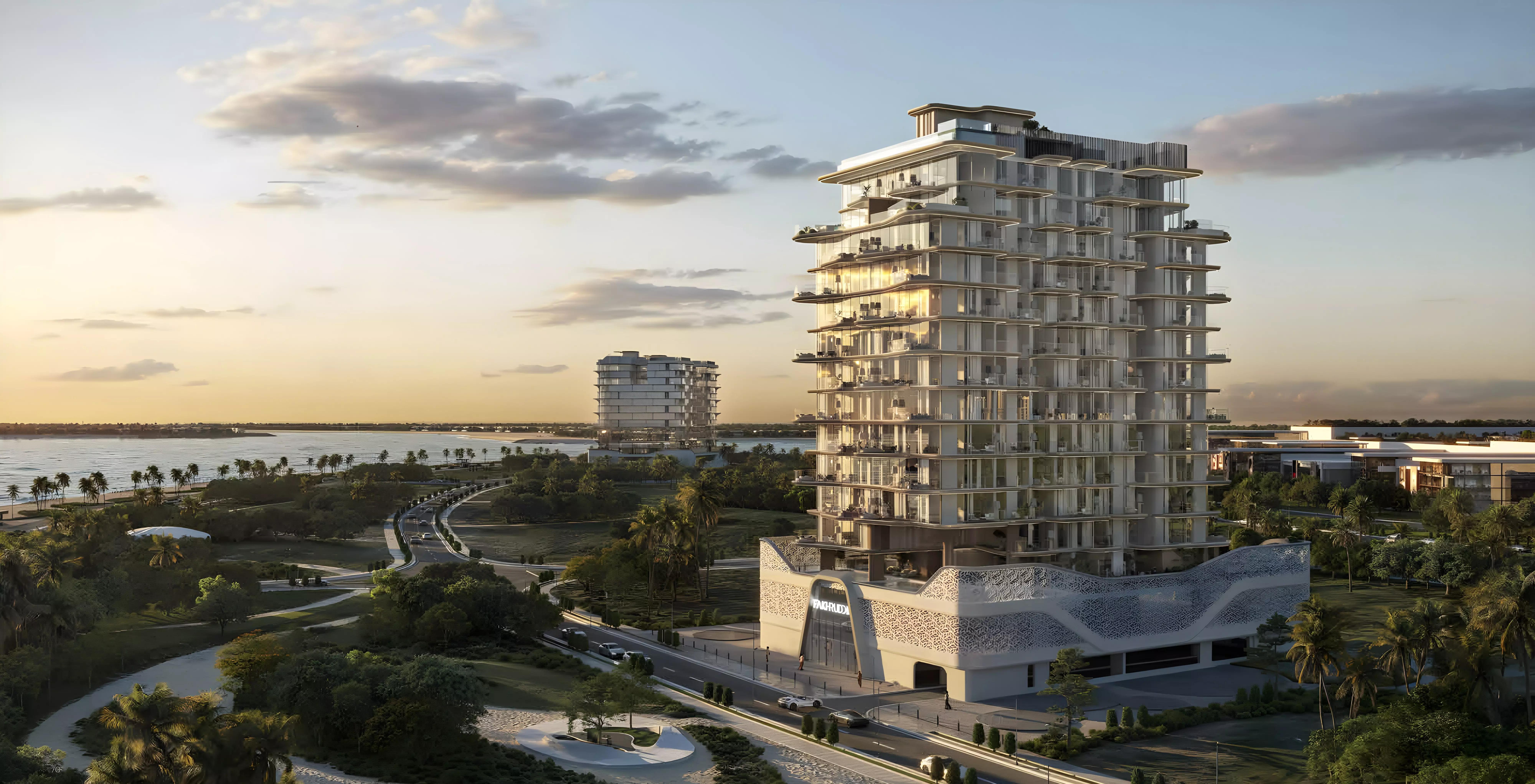Treppan Living Prive building elevation at dusk, Dubai Islands