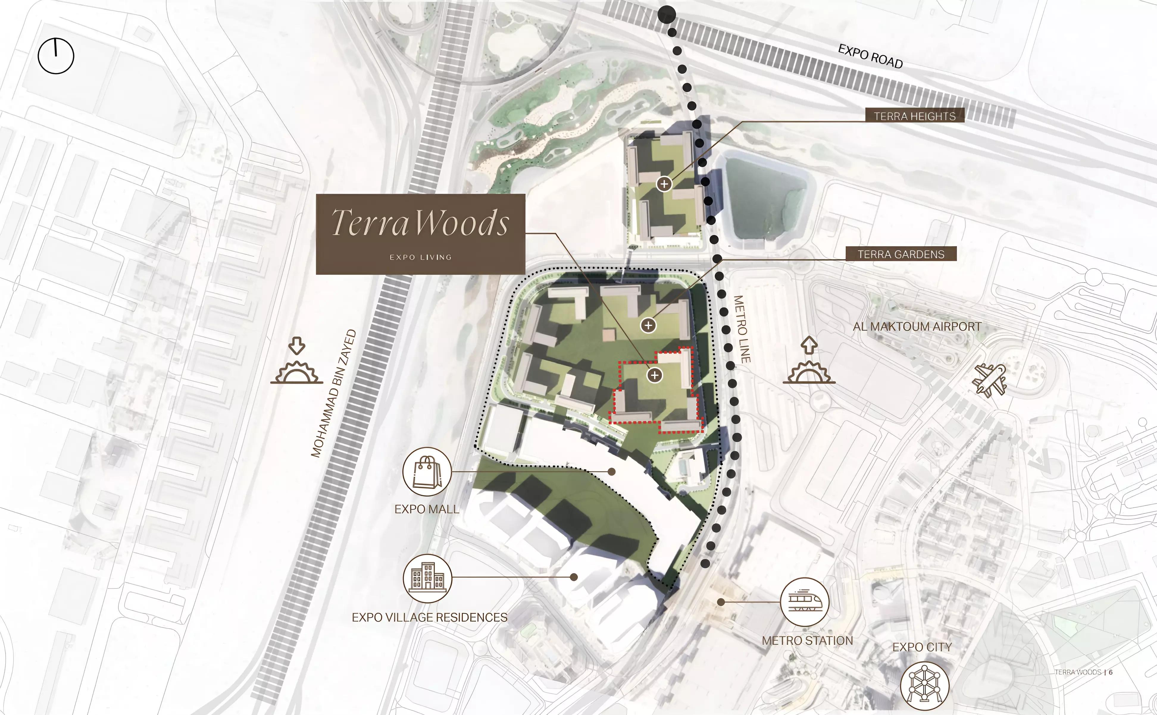 Terra Woods masterplan showing location next to Expo Metro, Expo Mall, Expo Village and Terra Heights within Expo City Dubai