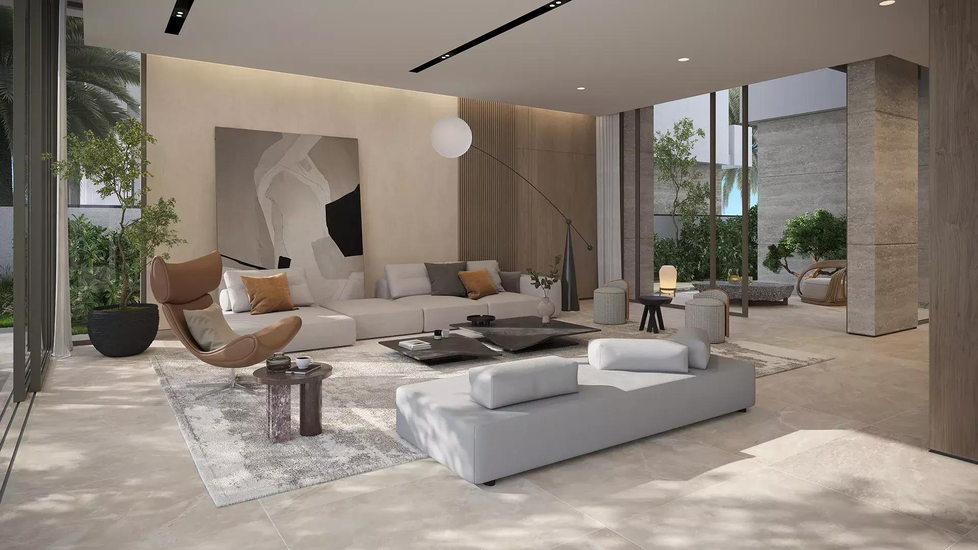 Villa Pacific Breeze living interior with contemporary finishes, Nakheel Palm Jebel Ali