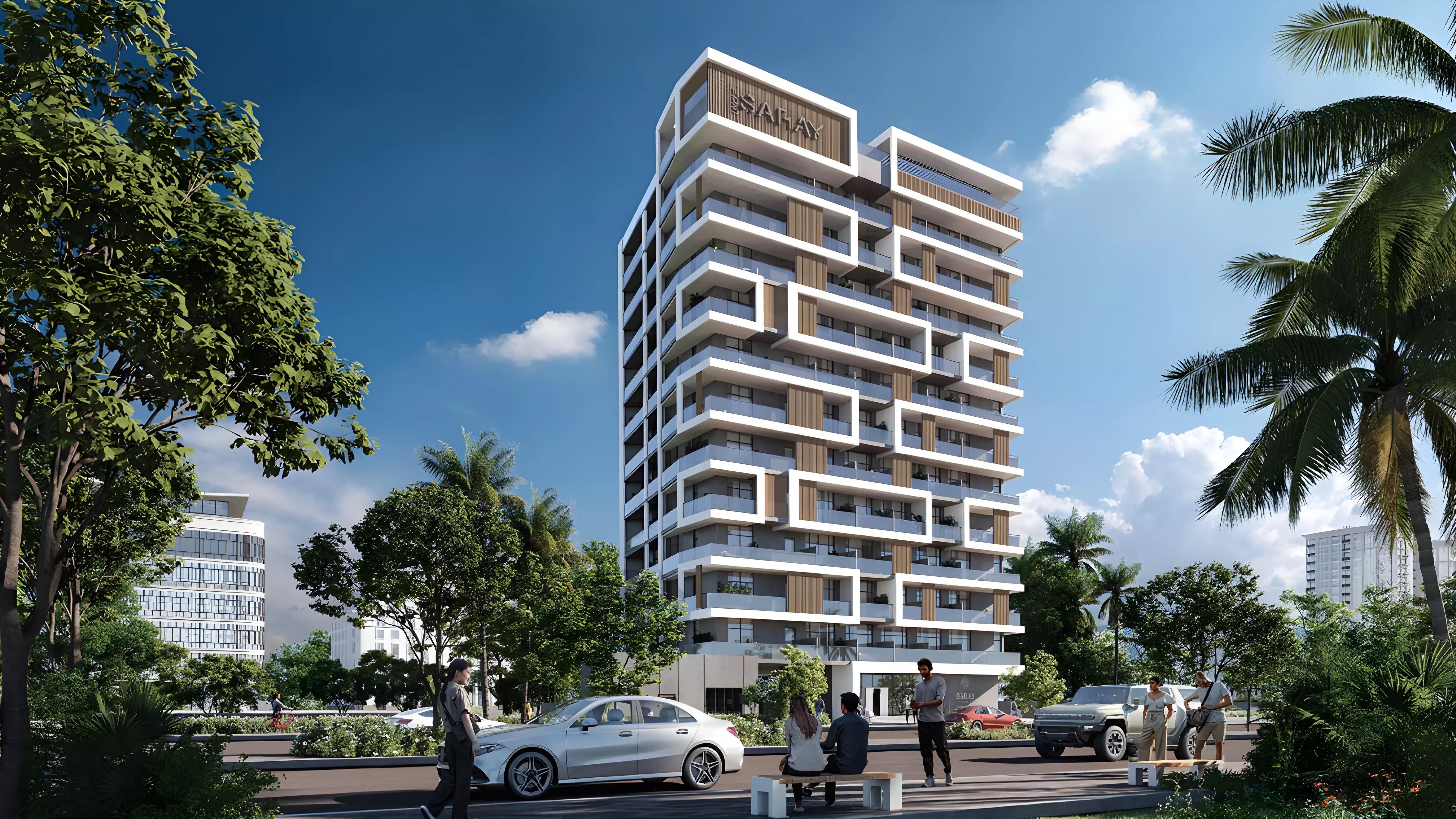 Saray Prime Residence exterior render showing building massing, Dubai Land Residence Complex, Dubai