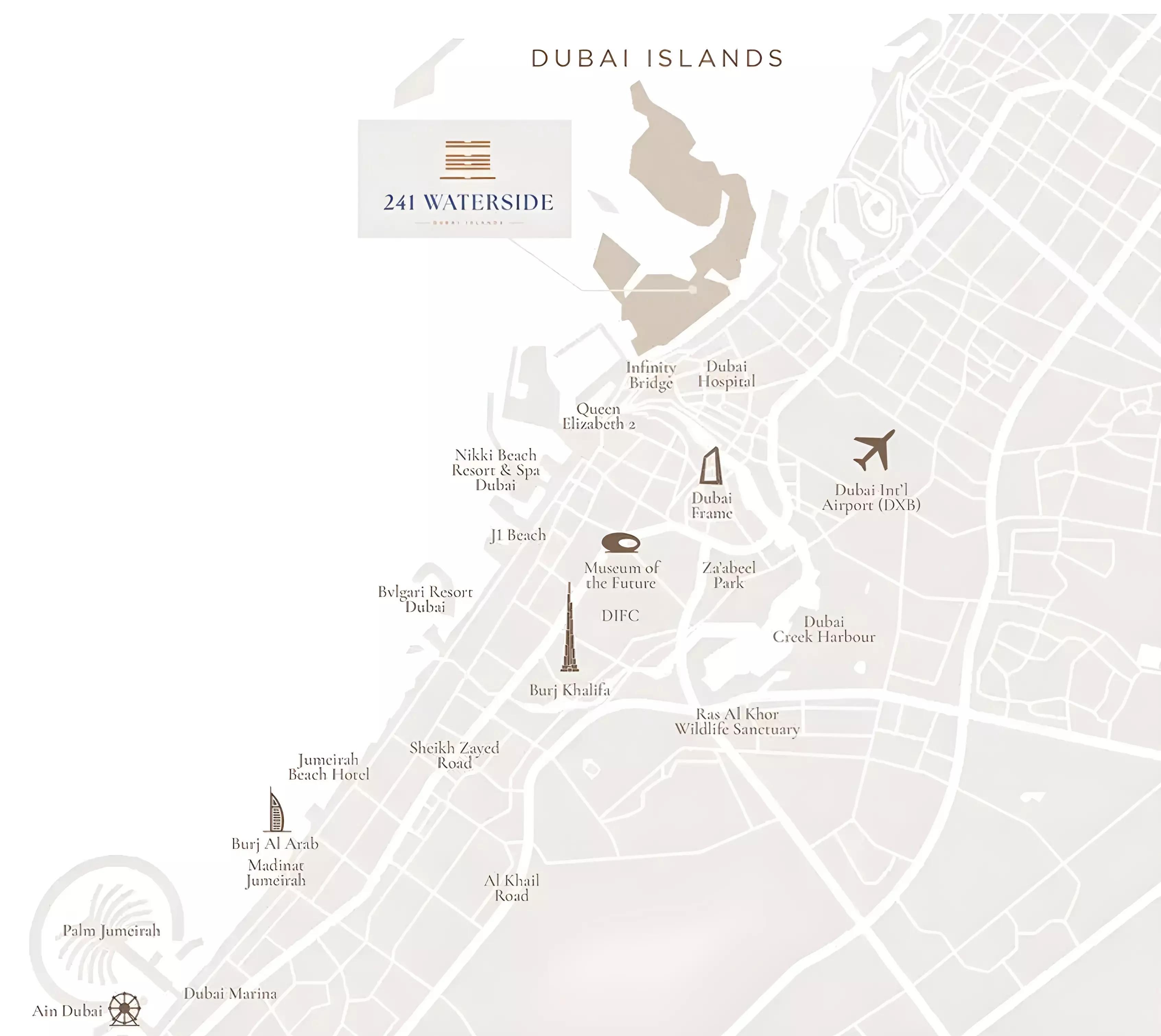 241 Waterside master plan layout showing building placement on Dubai Islands