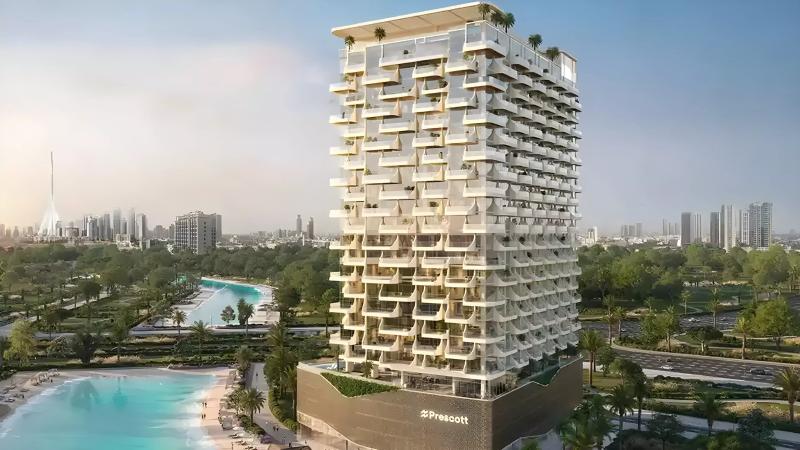 Exterior render of The Caden tower by Prescott in Meydan Horizon, Dubai