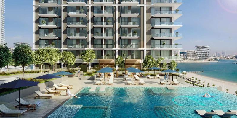 Beach Mansion exterior facade with waterfront view, Emaar Beachfront, Dubai Harbour