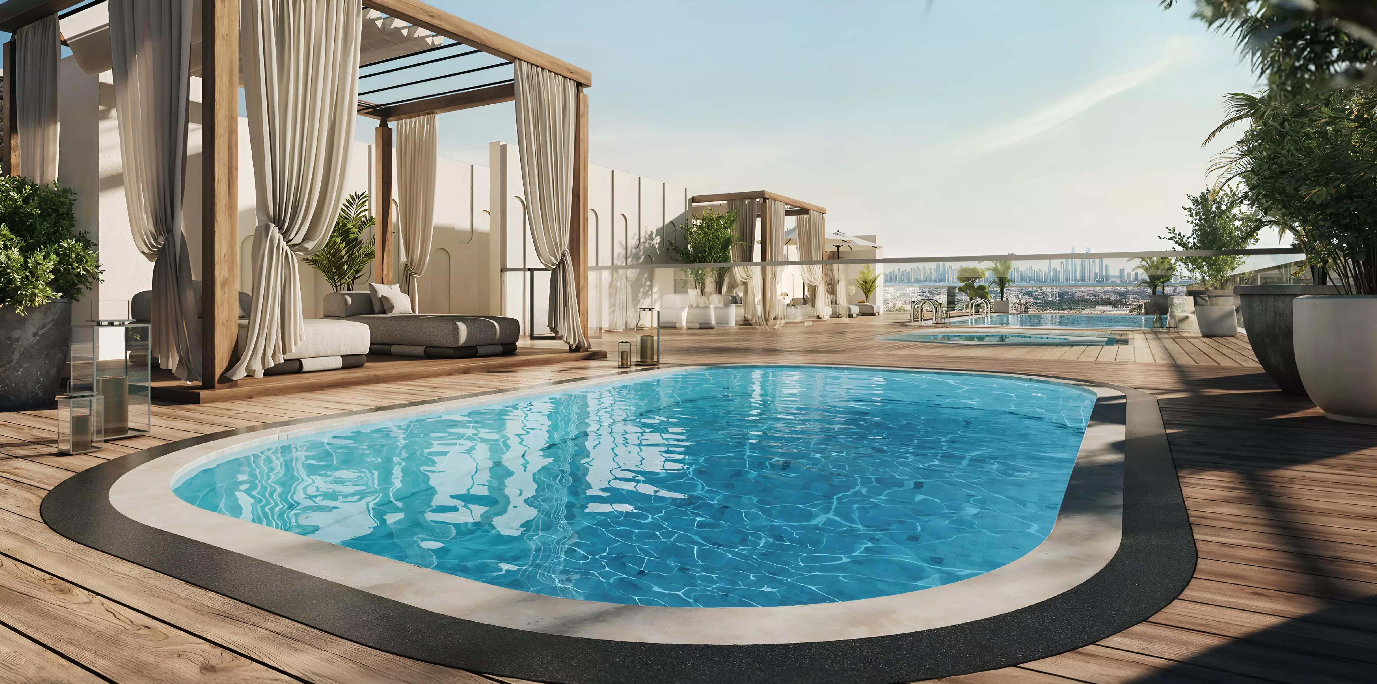 Symbolic Altus amenity deck with landscaping, Liwan, Dubai