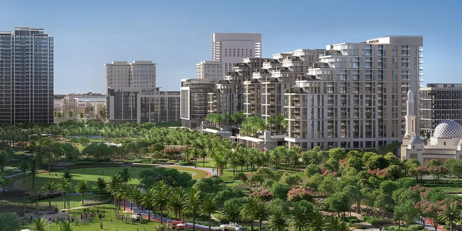 Elvira building entrance and podium view, Dubai Hills Estate