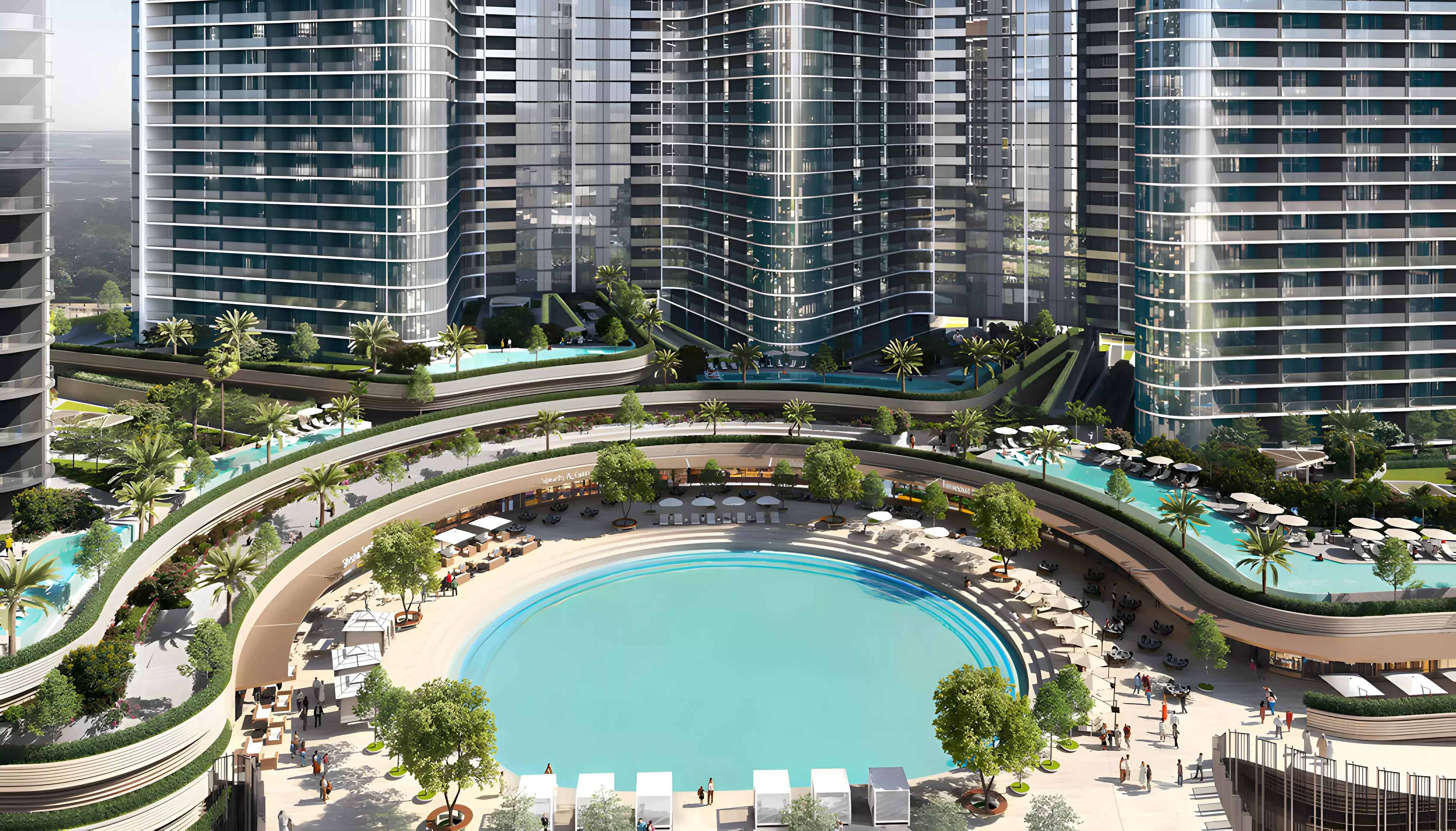Skyvue Solair infinity pool deck overlooking the community, Sobha Hartland II, Dubai