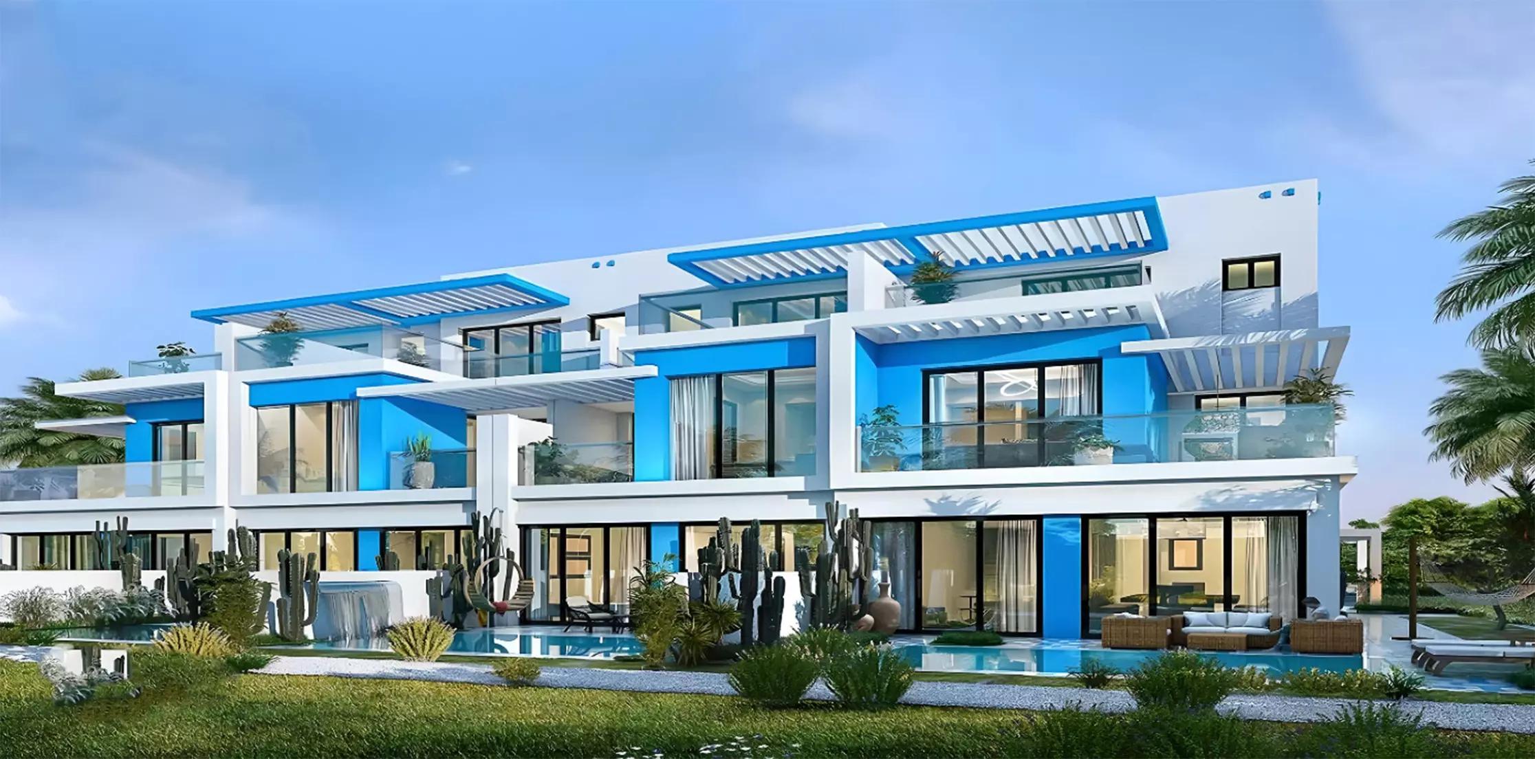 Santorini Phase 2 villa exterior with whitewashed Mediterranean-style architecture, DAMAC Lagoons, Dubai
