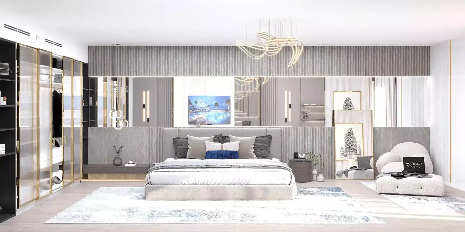 Binghatti Crescent apartment kitchen with built-in appliances, JVC, Dubai