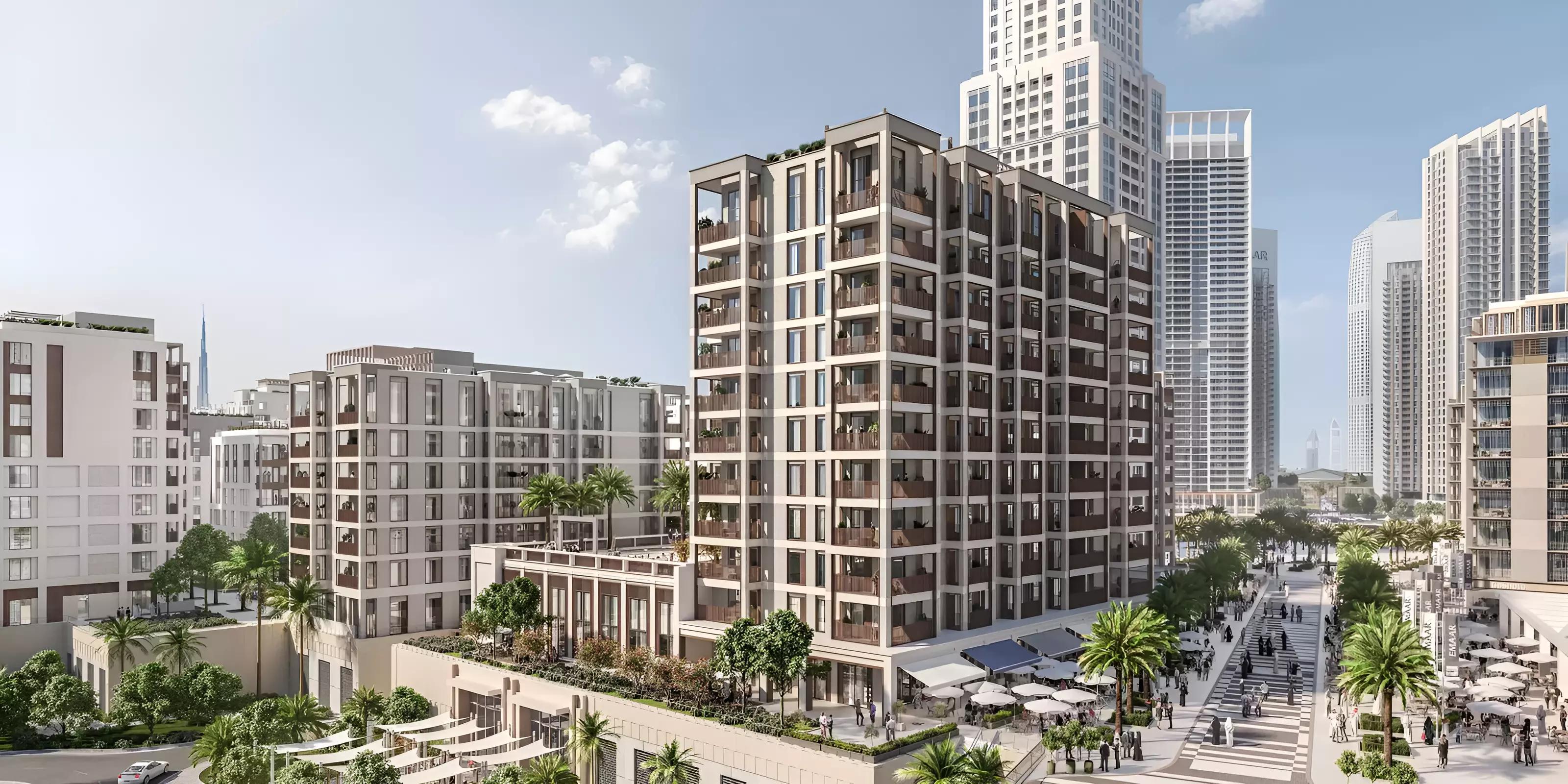 Summer at Creek Beach residential tower exterior, Dubai Creek Harbour