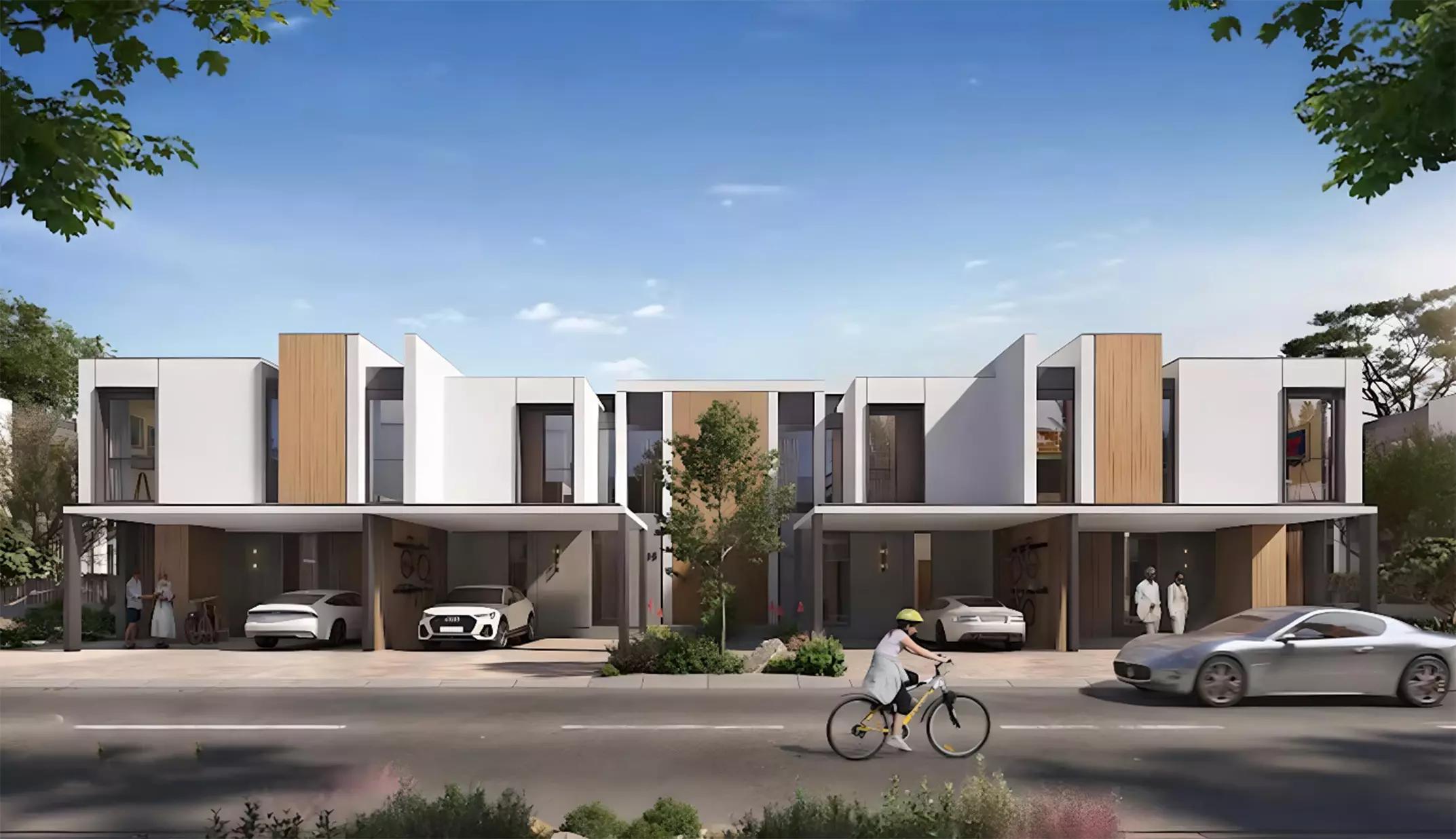 Leon at Athlon by Aldar townhouse exterior with landscaped frontage, Dubai