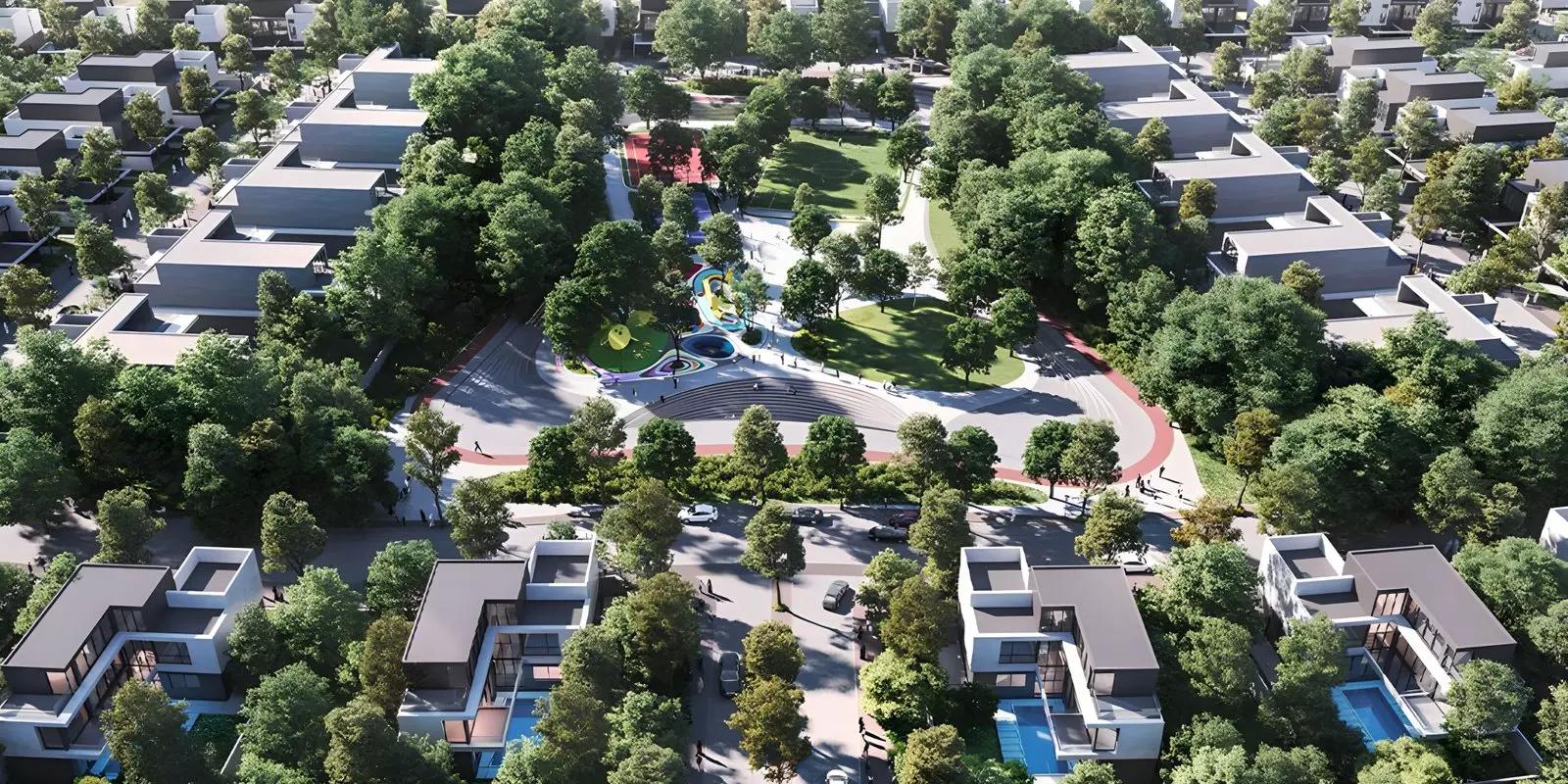 Jouri Hills Phase 3 townhouse exterior with landscaped frontage, Jumeirah Golf Estates, Dubai