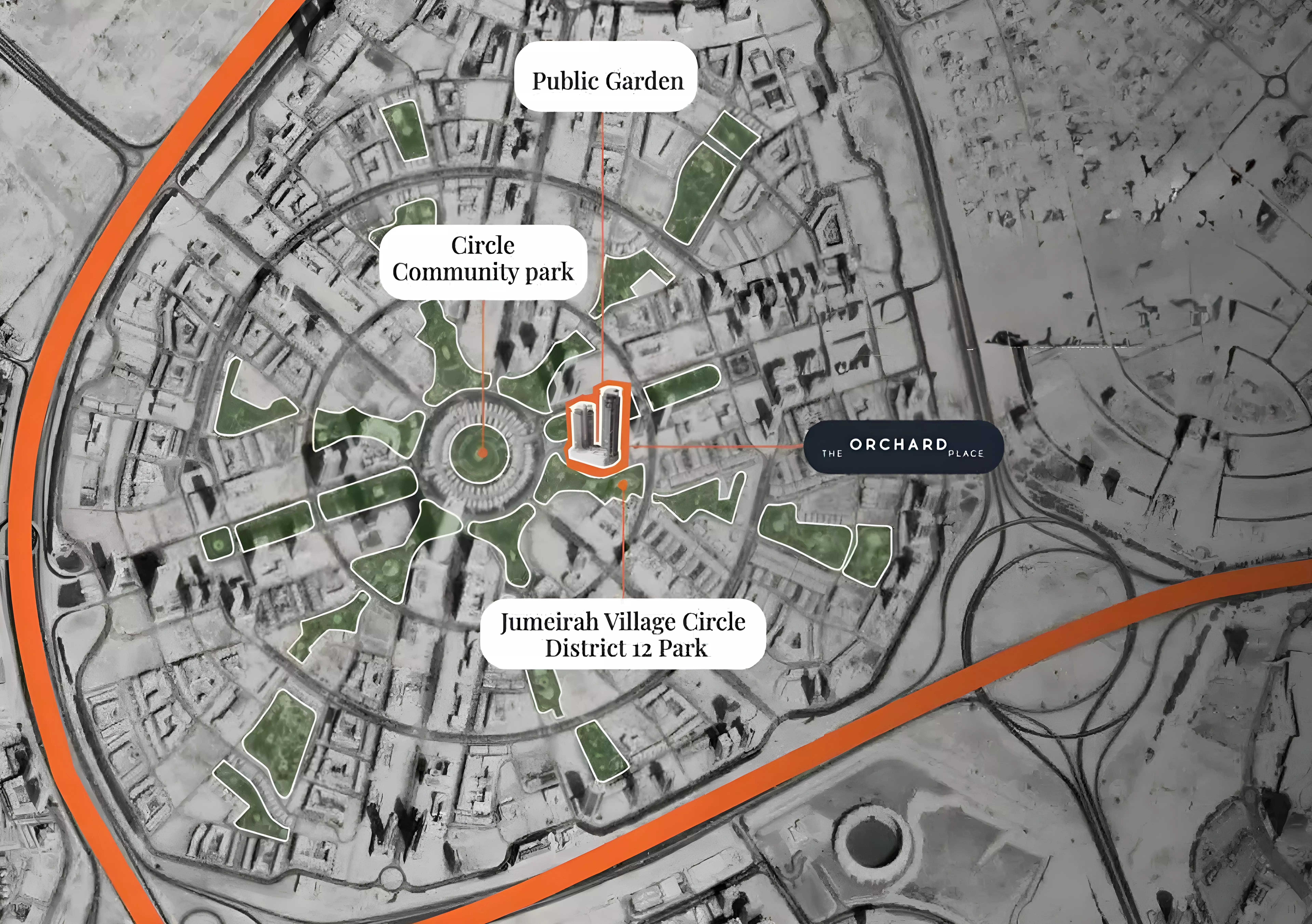 Master plan layout of The Orchard Place towers, Jumeirah Village Circle District 12