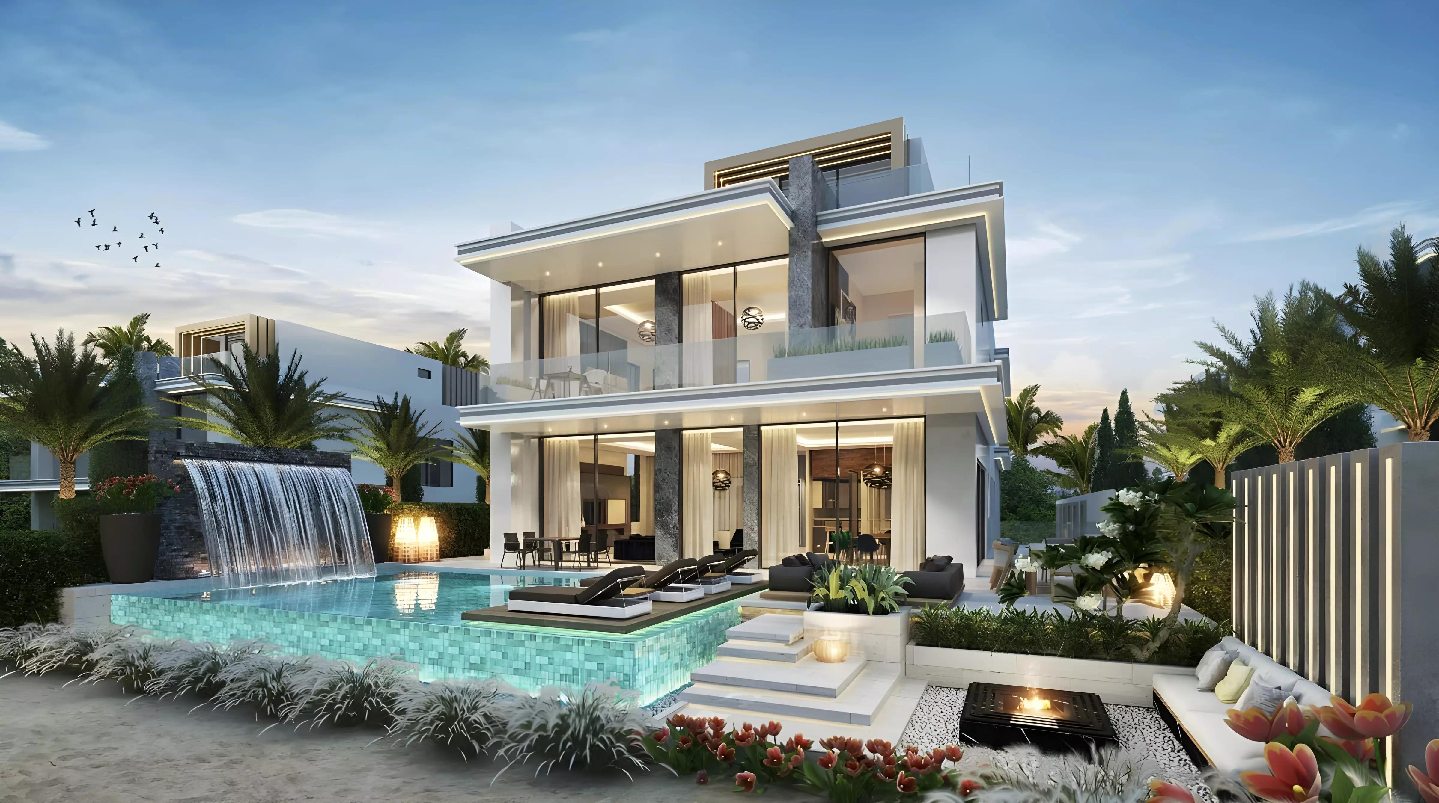 Bora Bora villa exterior with landscaped garden, DAMAC Islands, Dubai