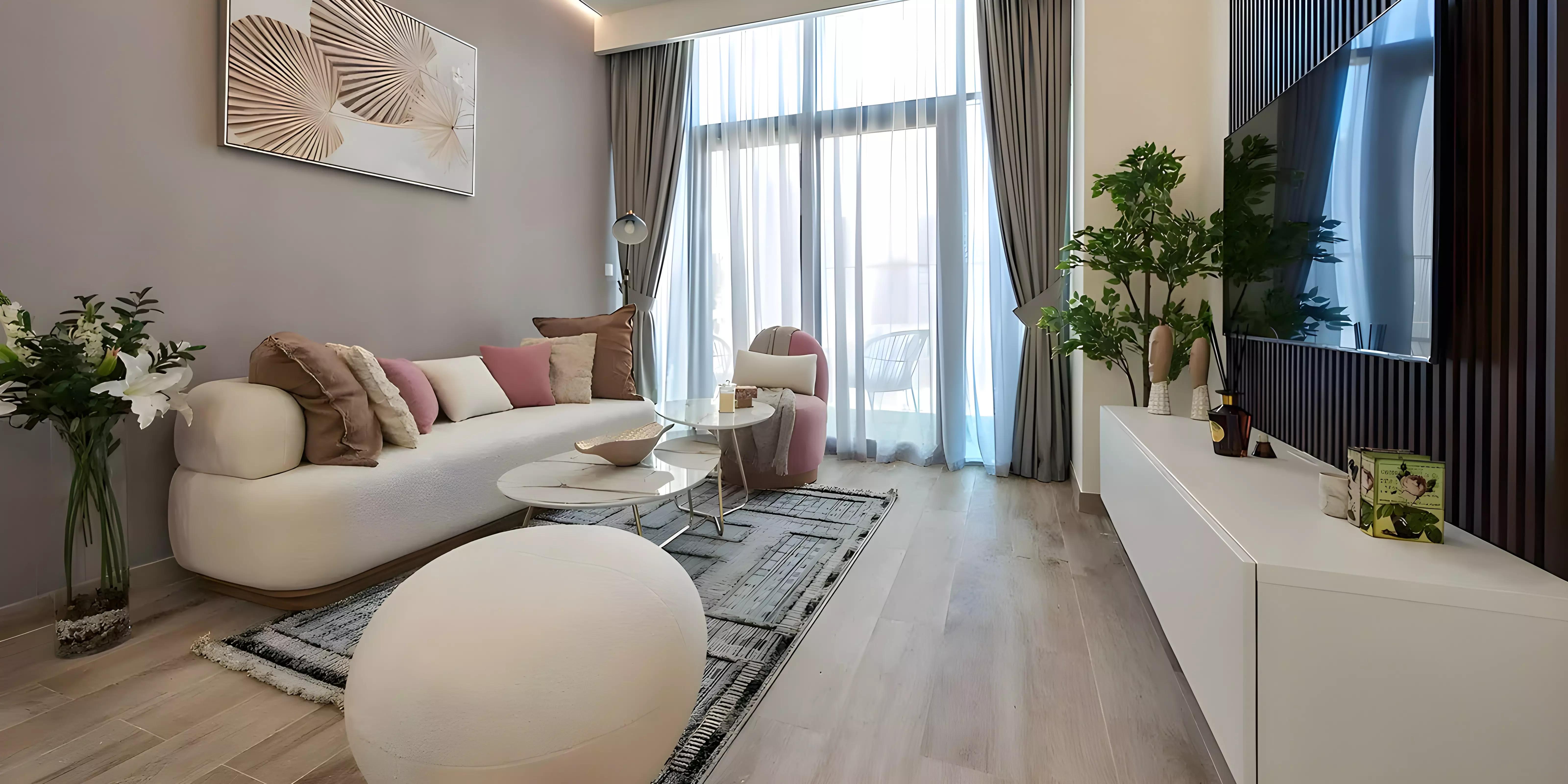 Building entrance and landscaping at The East Crest by Meteora, Jumeirah Village Circle