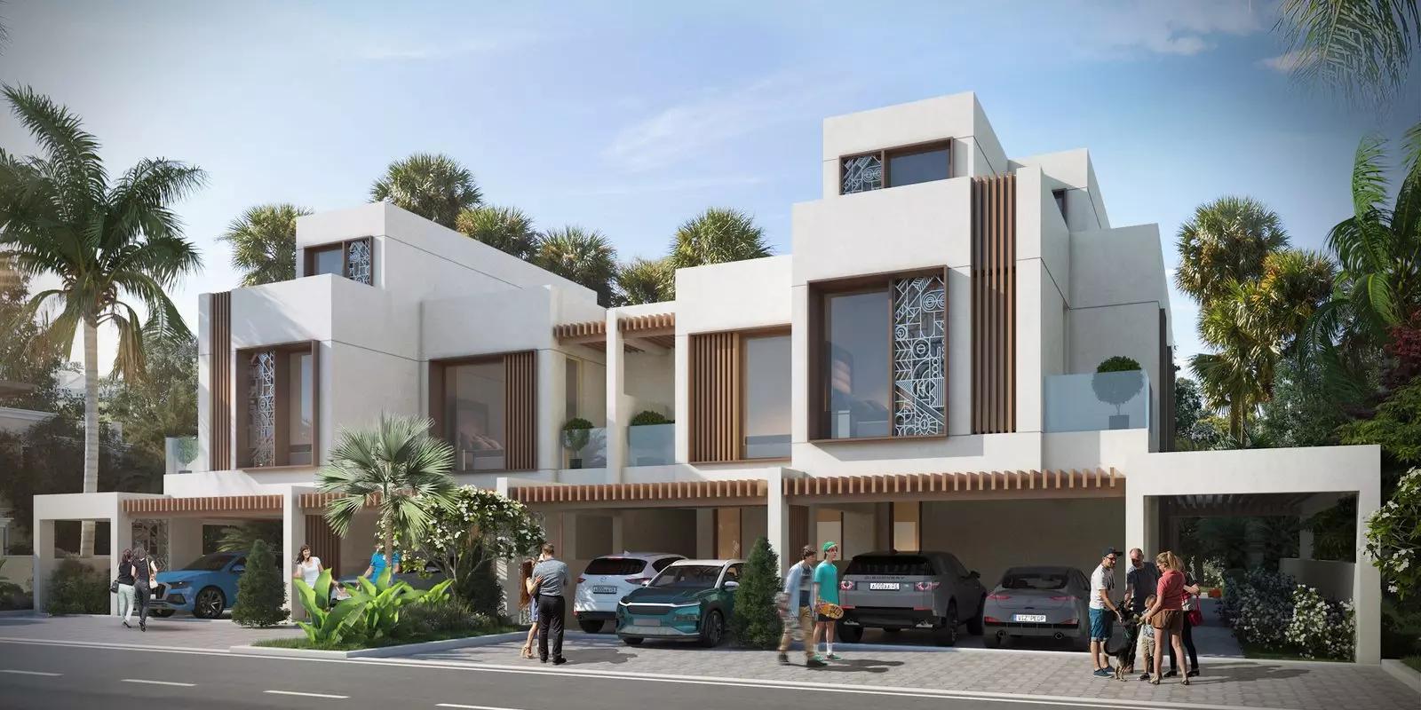 Marbella townhouse exterior with landscaped frontage at DAMAC Lagoons, Dubai