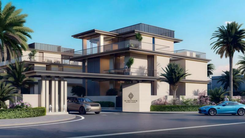 Nineteen Riviera Lagoon villa exterior with landscaped frontage, District 11, MBR City, Dubai