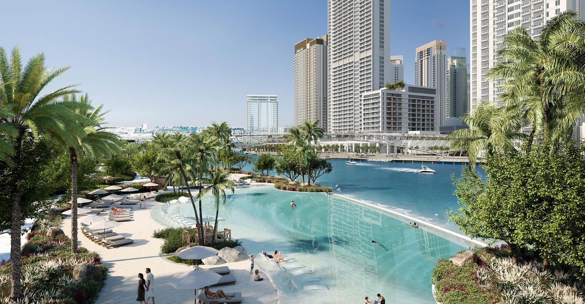 Creek Beach shoreline at The Grove with views to Dubai Creek Harbour towers