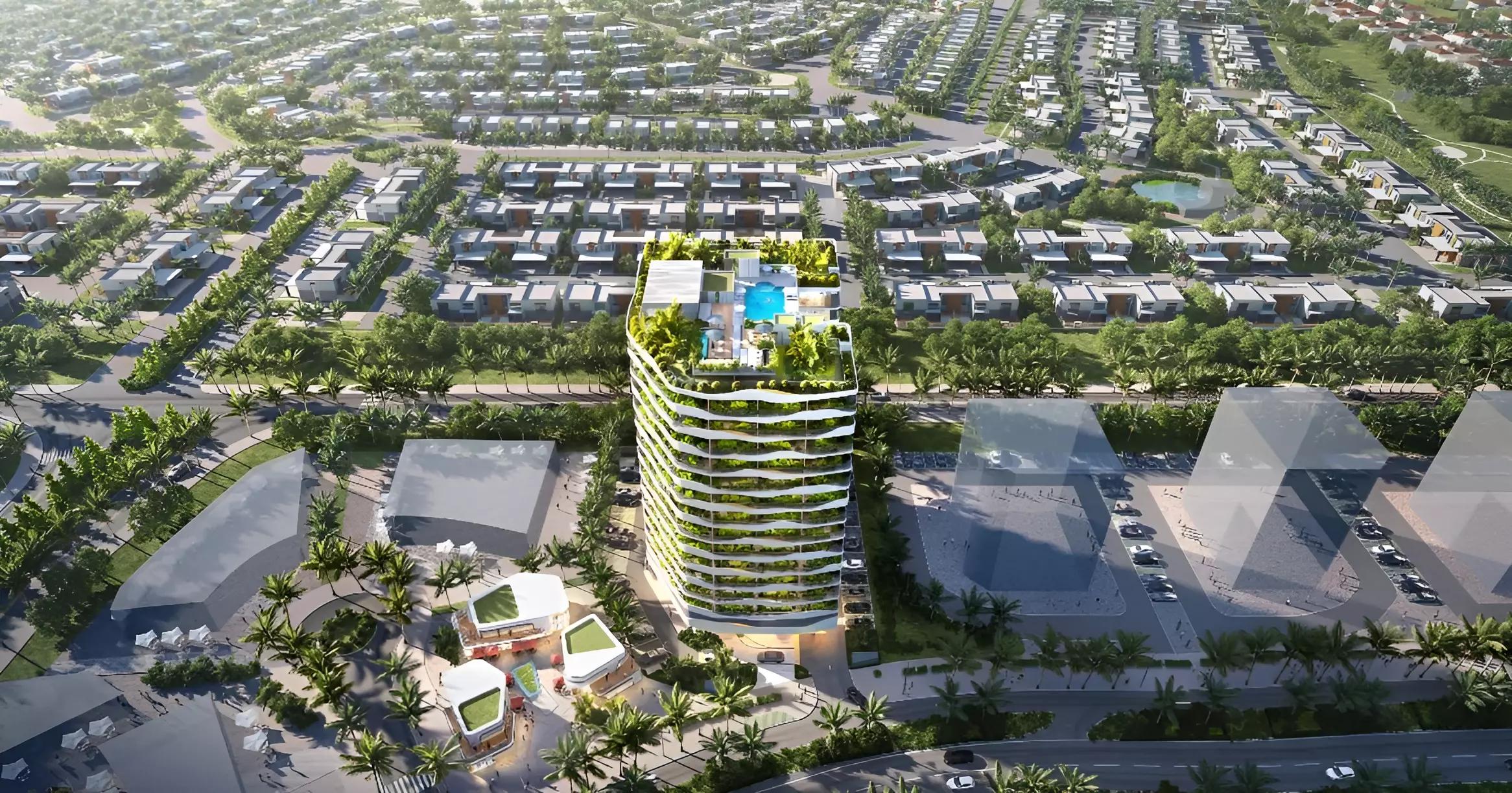 Forest City Tower 2 exterior facade, Dubai Land Residence Complex, Dubai