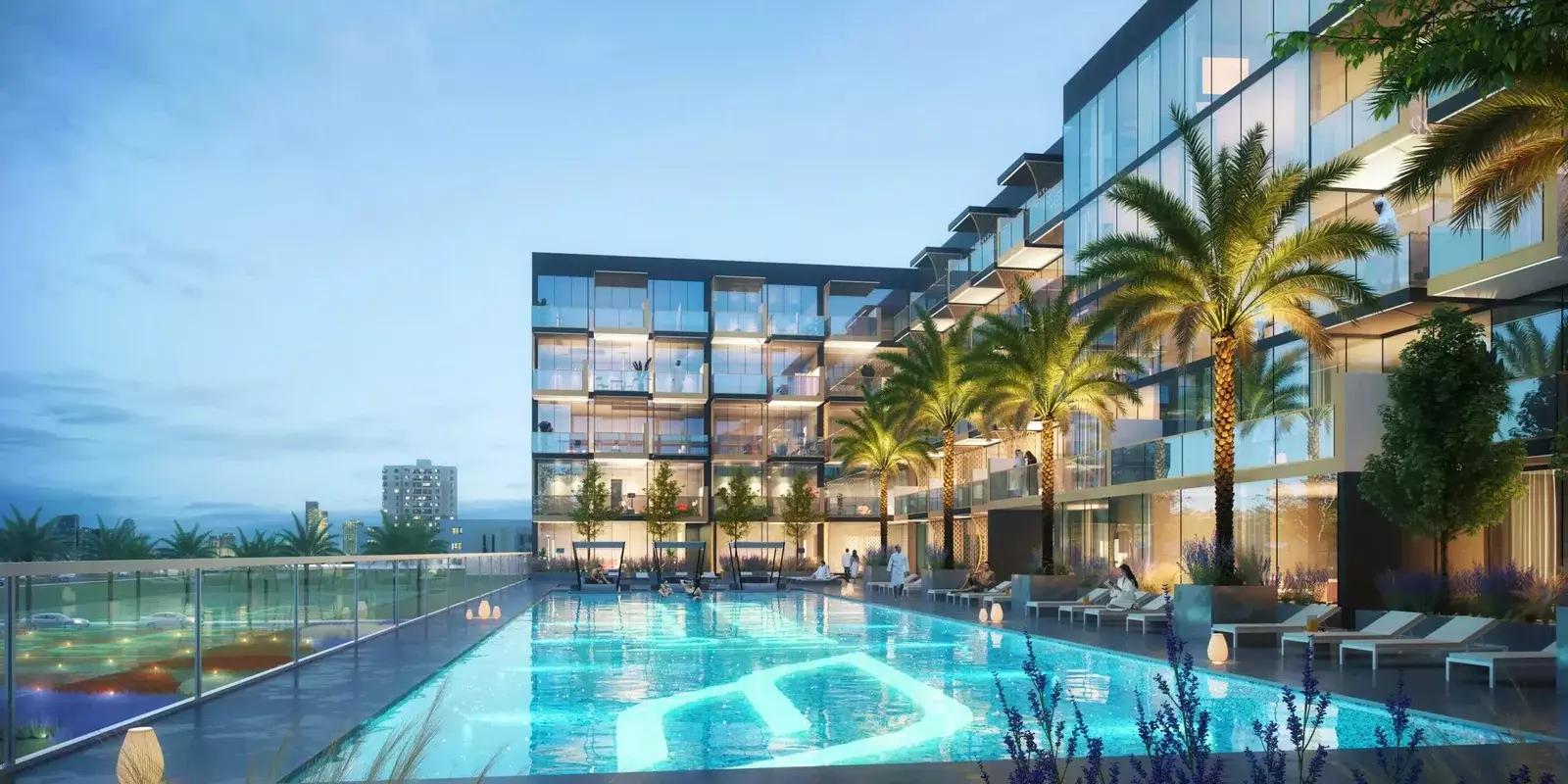 Binghatti Crescent apartment living room interior, Jumeirah Village Circle, Dubai