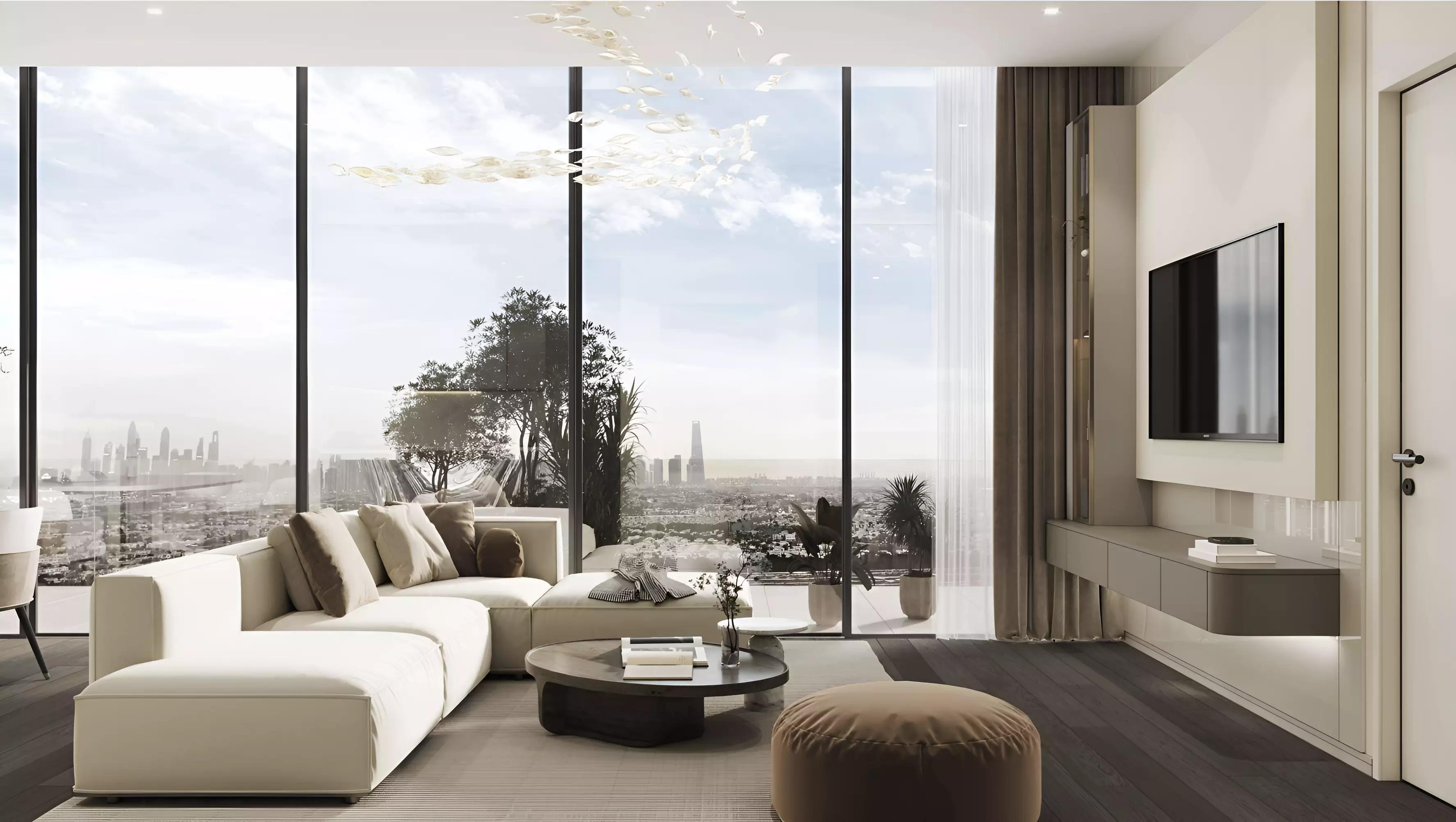 Interstellar Tower building rendering at dusk, JVT, Dubai