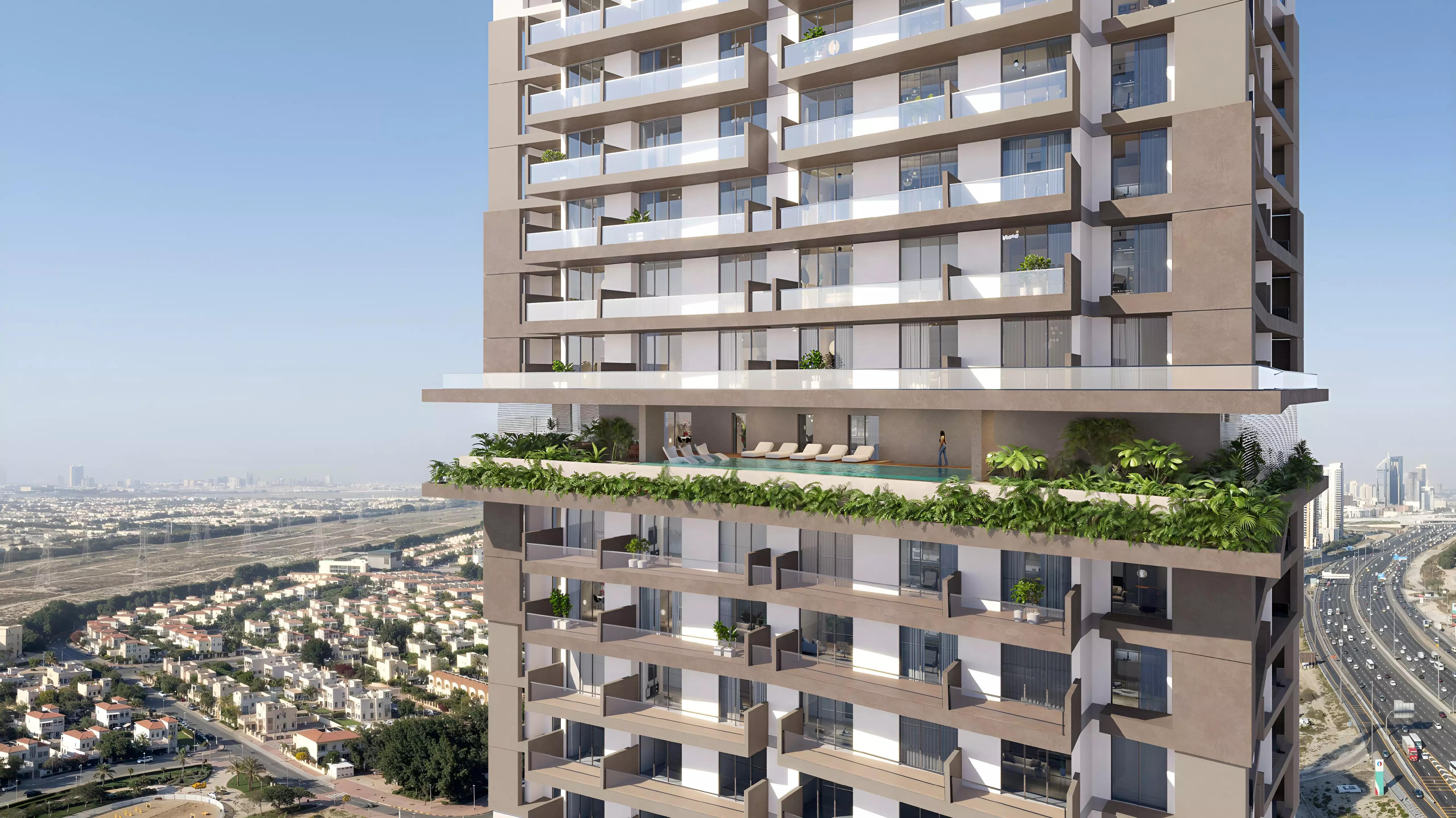 Sky Level 1 amenity deck with landscaped greenery, JVC, Dubai