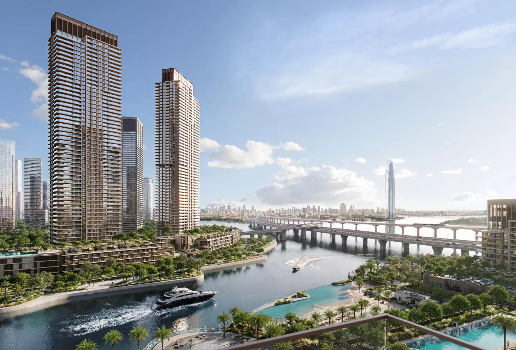 Arlo residential facade and podium landscaping, Dubai Creek Harbour