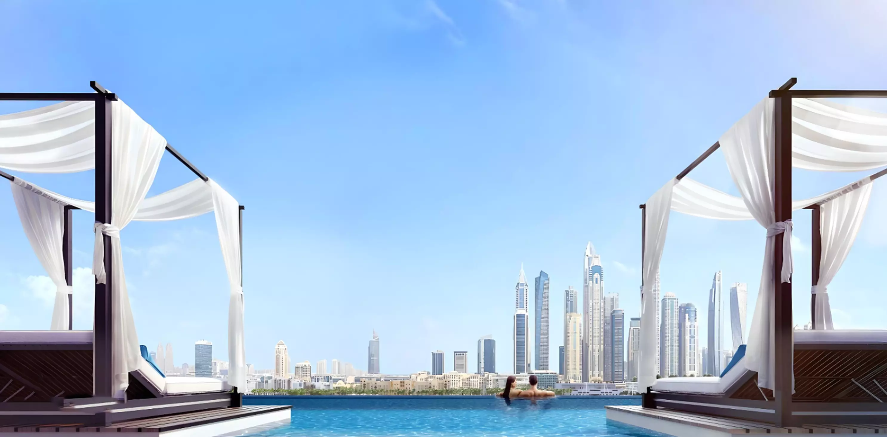 Marina Vista living room interior with waterfront view, Dubai Harbour