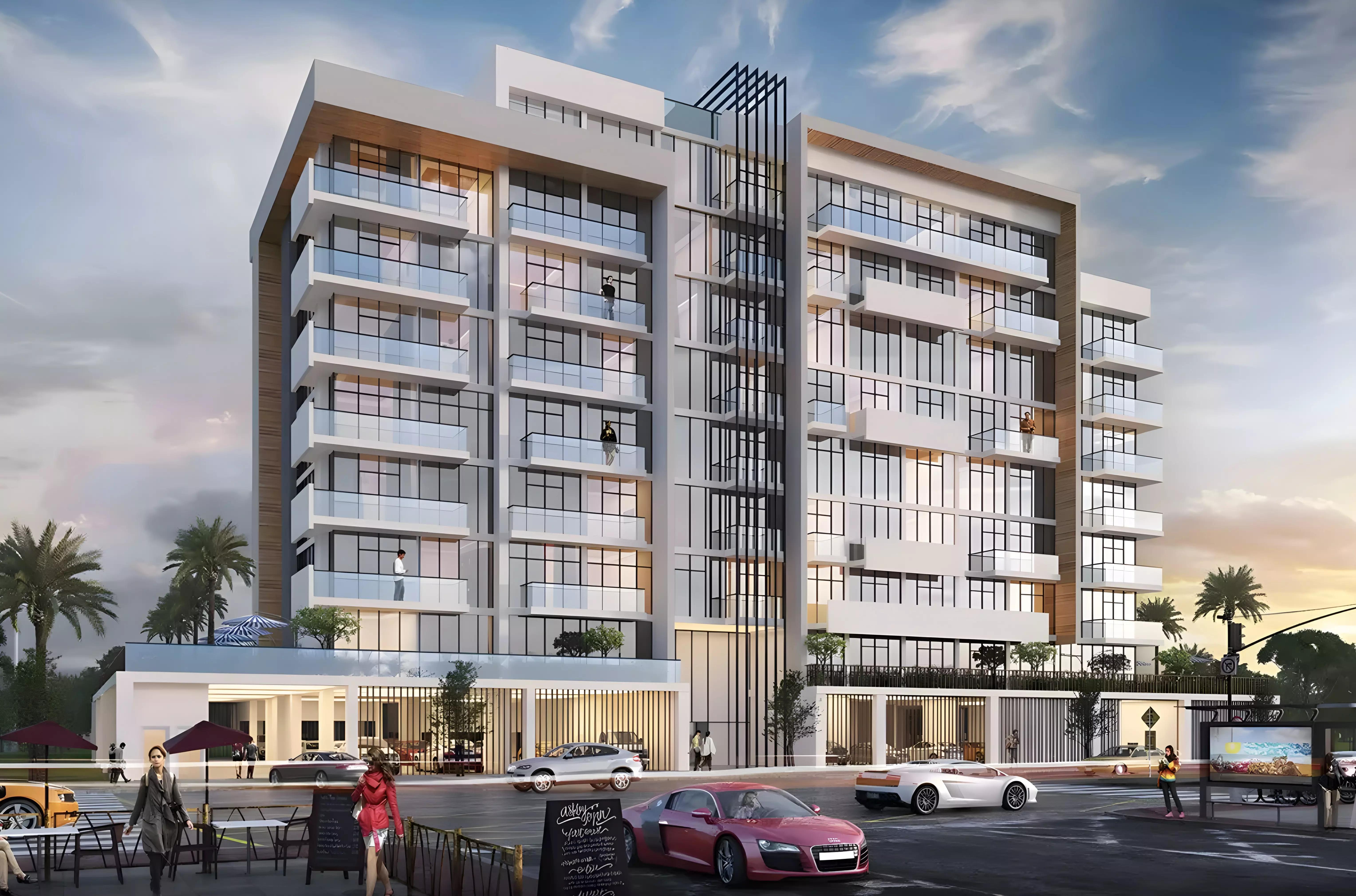 Azizi Riviera 18 building facade with landscaped surroundings, Meydan One