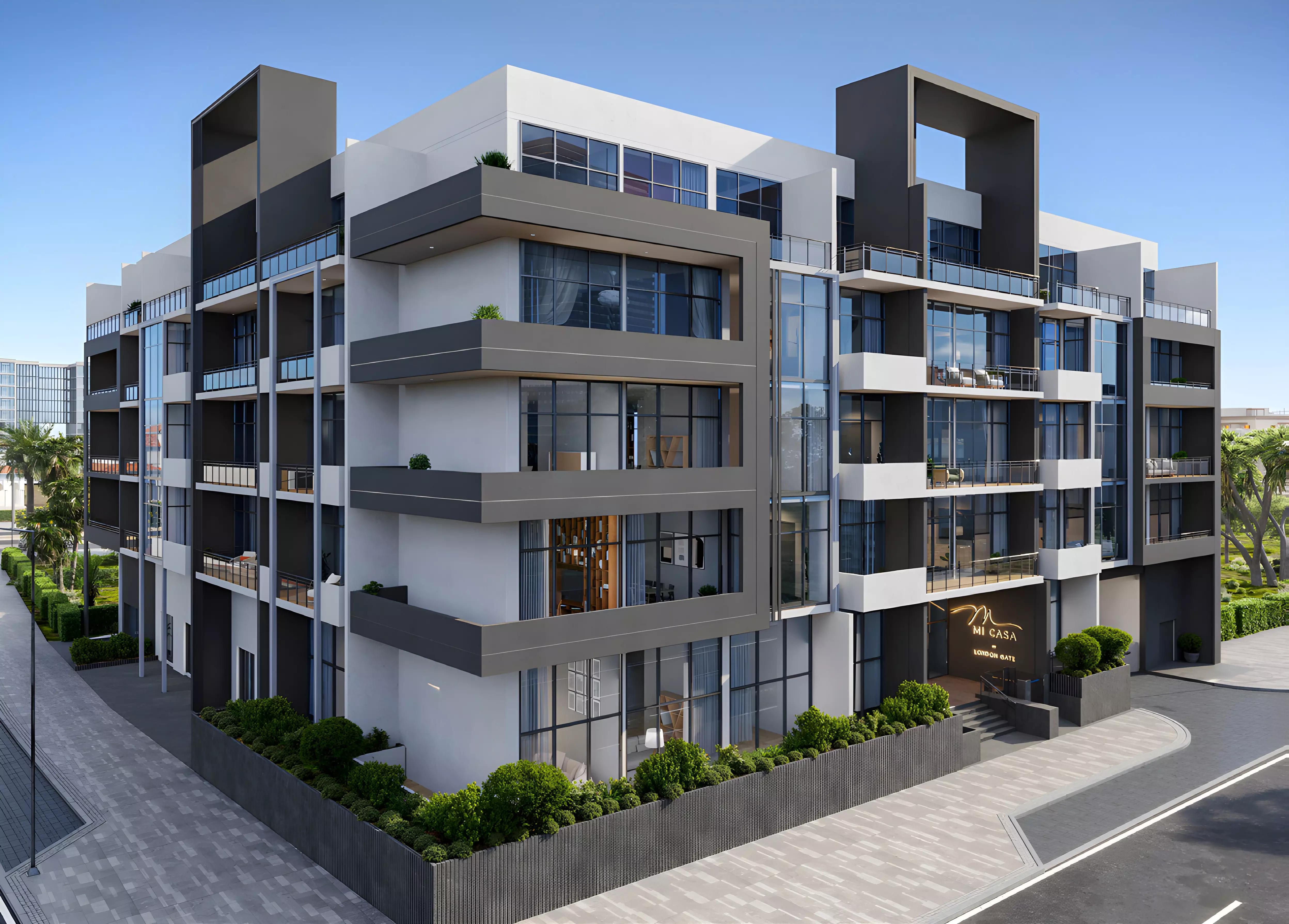 Mi Casa residential tower street-level view, Jumeirah Village Circle, Dubai