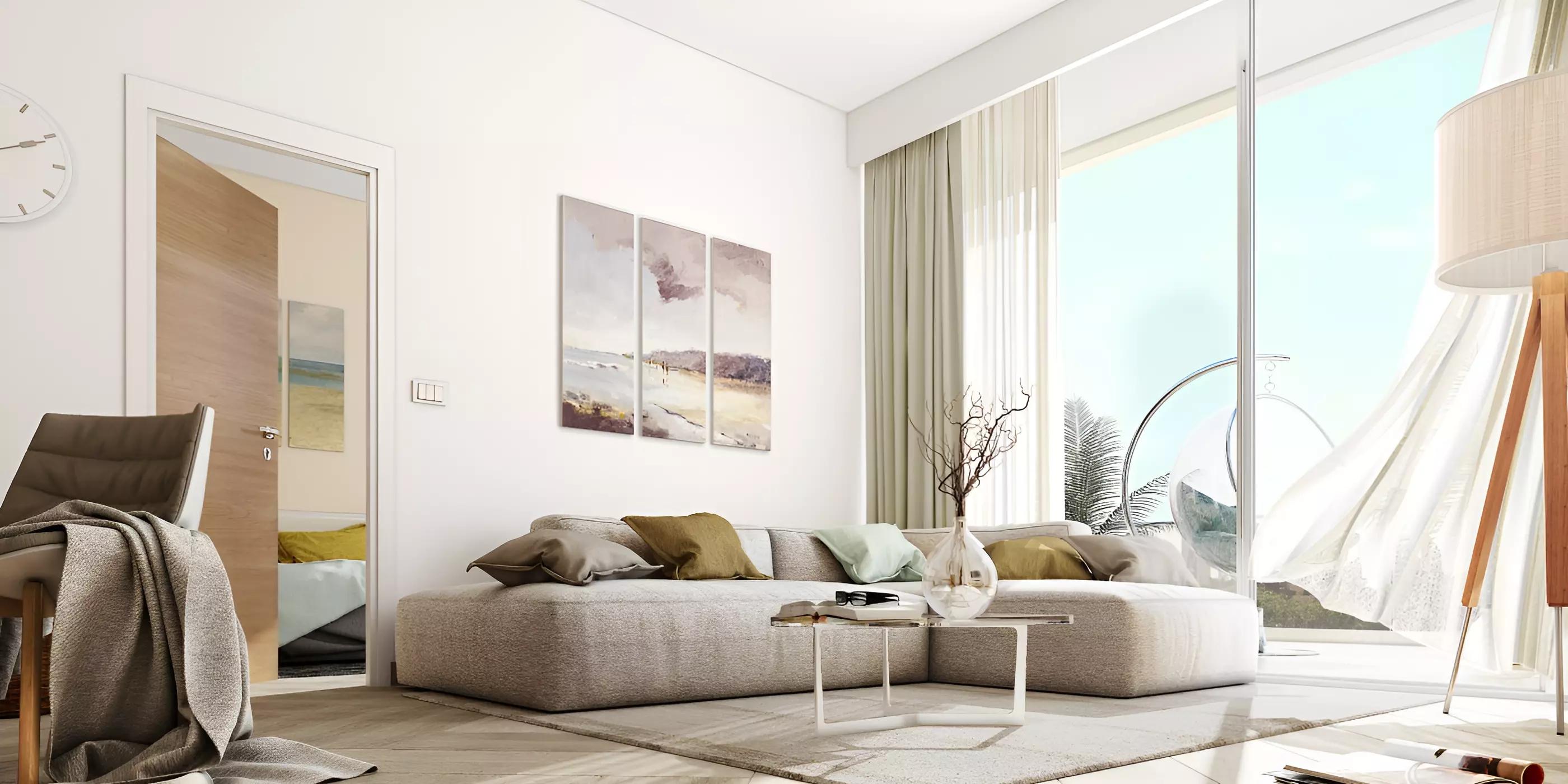 Landscaped gardens and walkway within Azizi Riviera community, Meydan