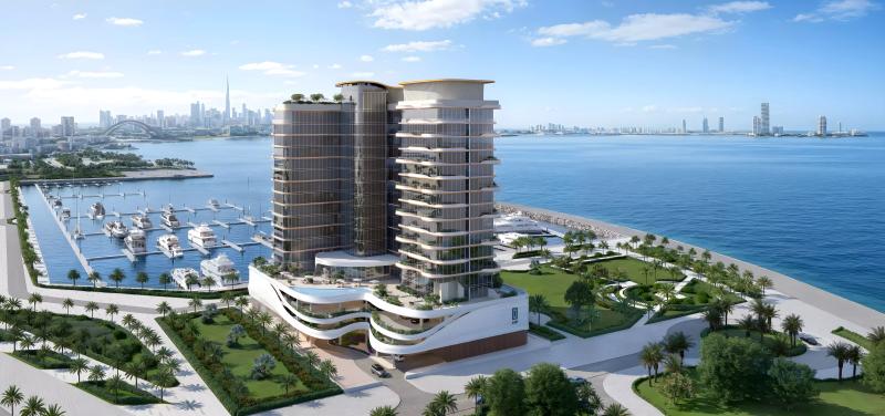 LIV Oceanside exterior tower view over the water, Dubai Islands