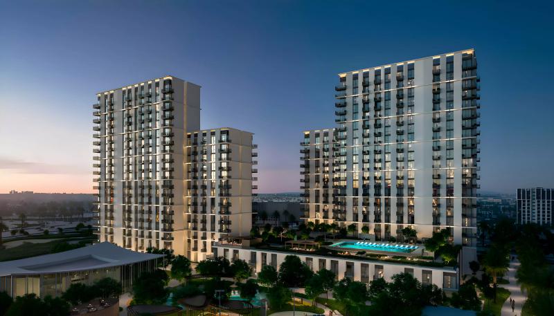 Hillsedge residential tower exterior at Dubai Hills Estate, Emaar