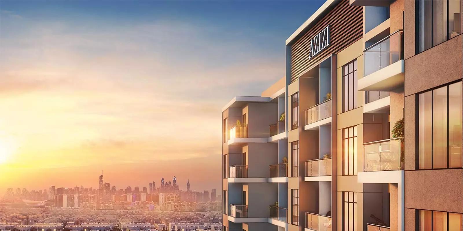 AZIZI Berton exterior at dusk, Al Furjan, Dubai