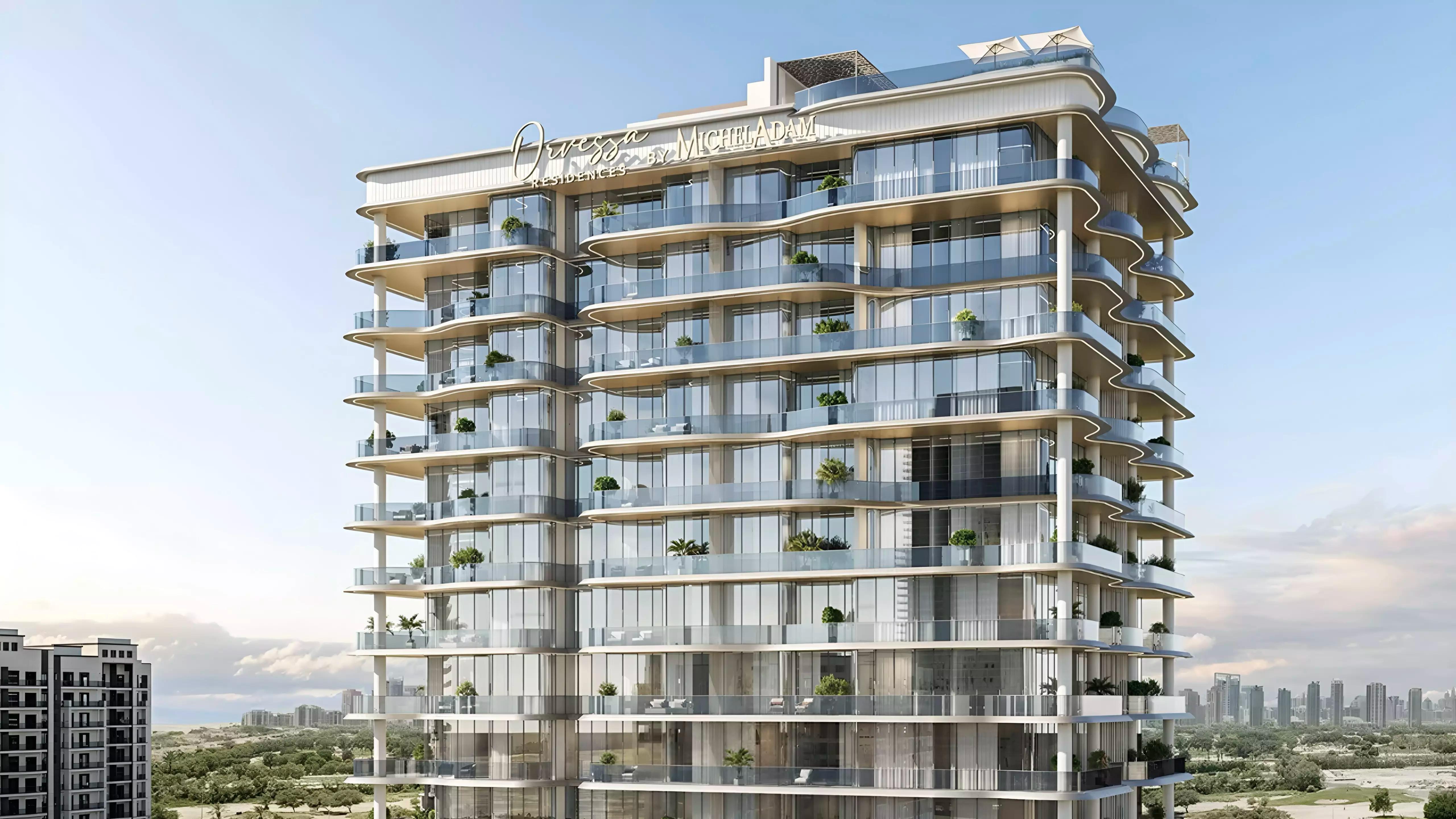 Orvessa Residences apartment tower exterior render in Al Furjan, Dubai
