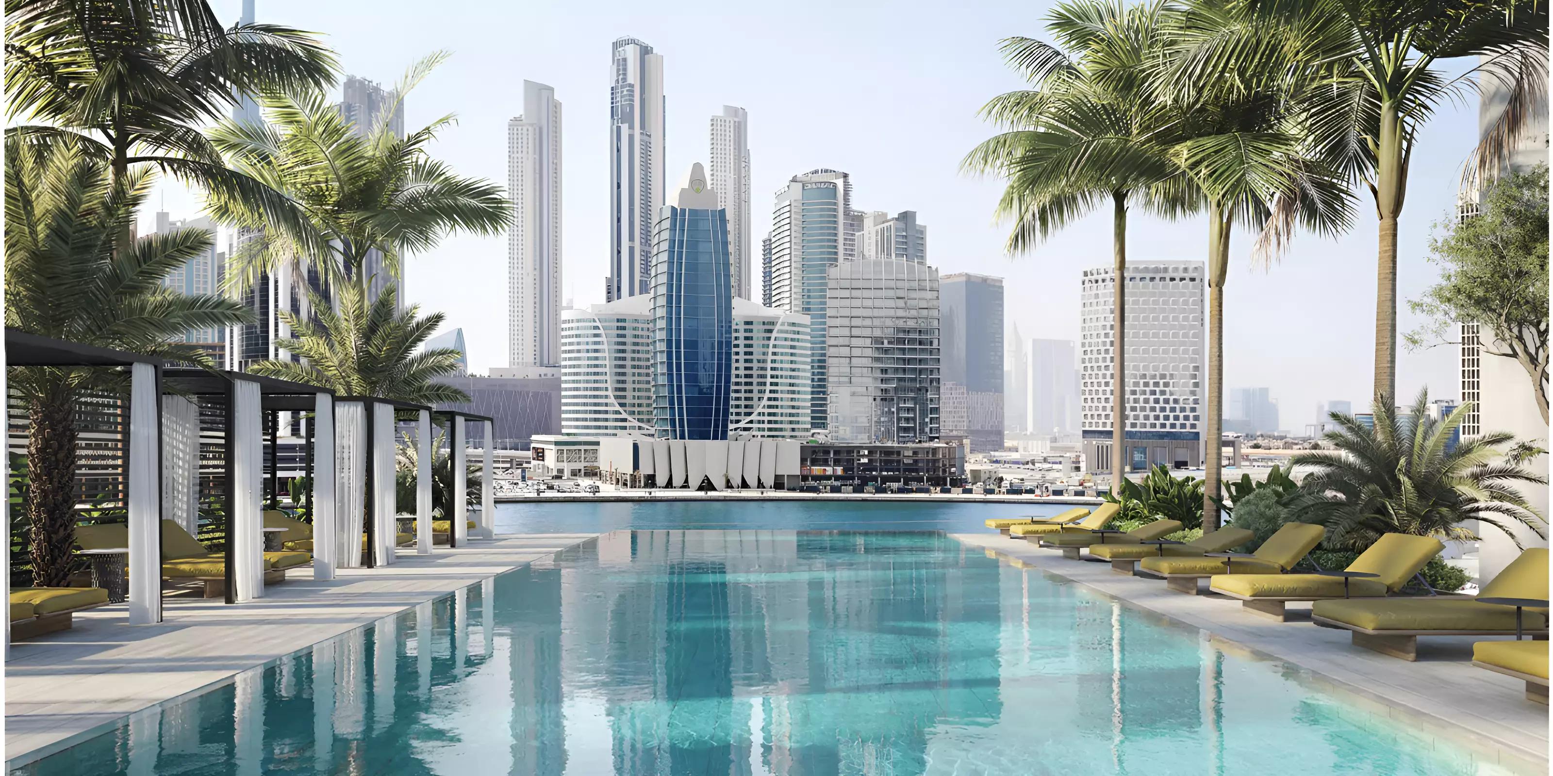 The Lana amenity space with pool view, Business Bay, Dubai