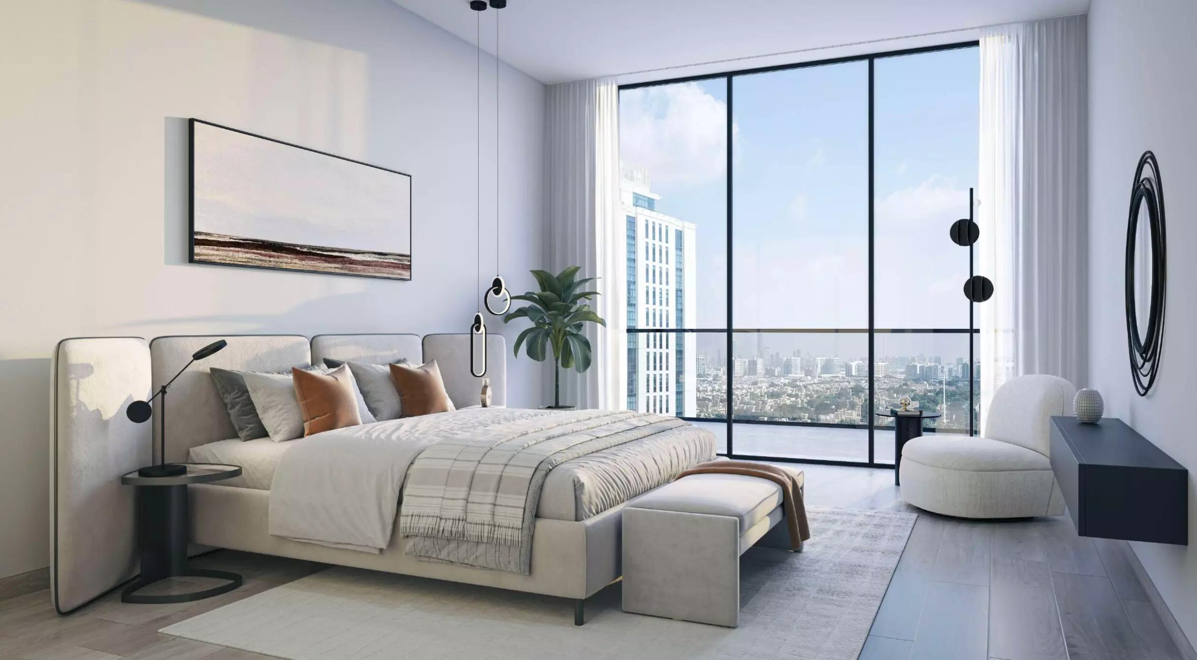 A99 gallery view of building facade and outdoor amenity area, Dubai Land Residence Complex